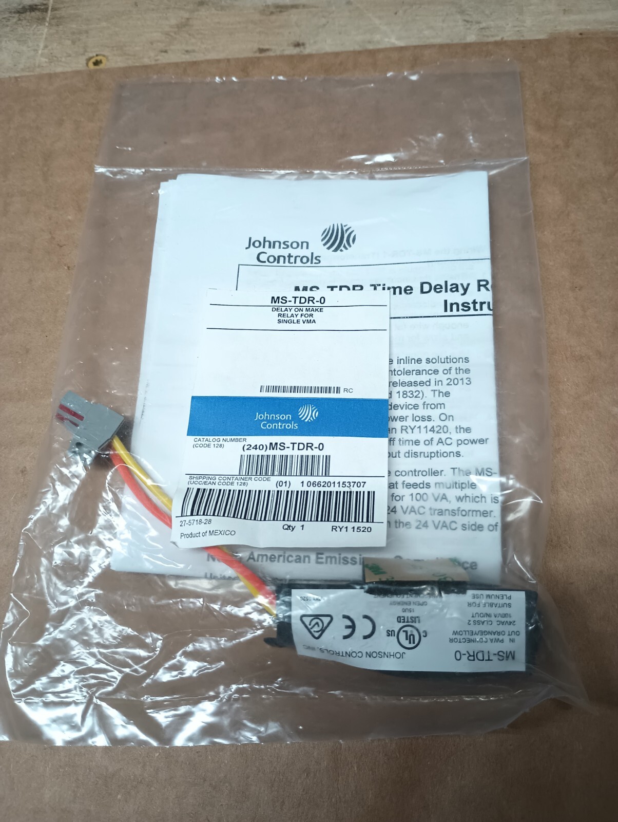 Johnson Controls MS-TDR-0 Time Delay Relay For Single VMA