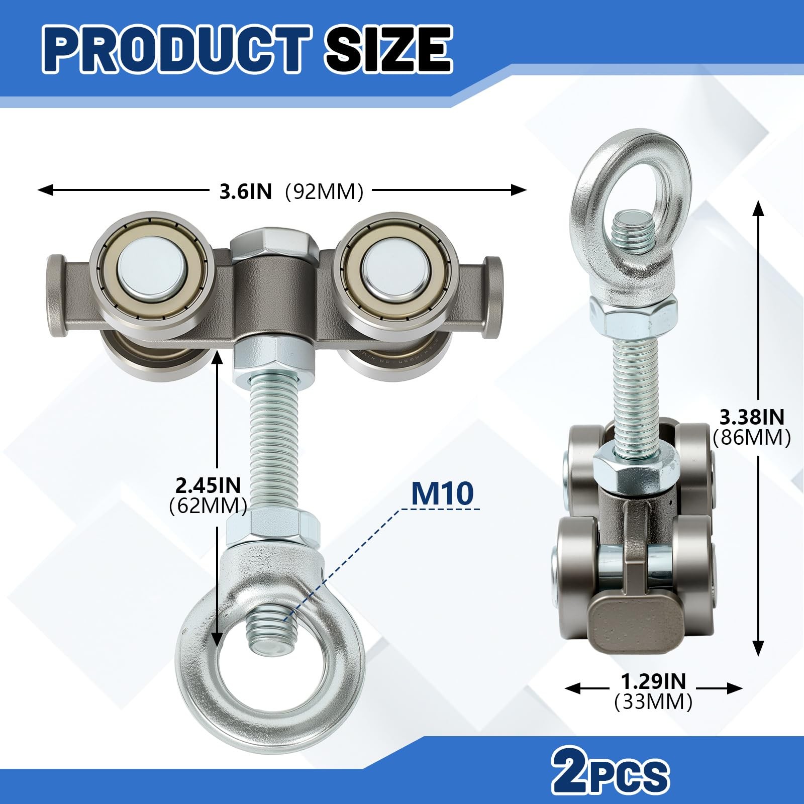 2 Pcs Silver 4 Wheel Silent Trolley Assembly Rollers for Use with 1-5/8" Wide an