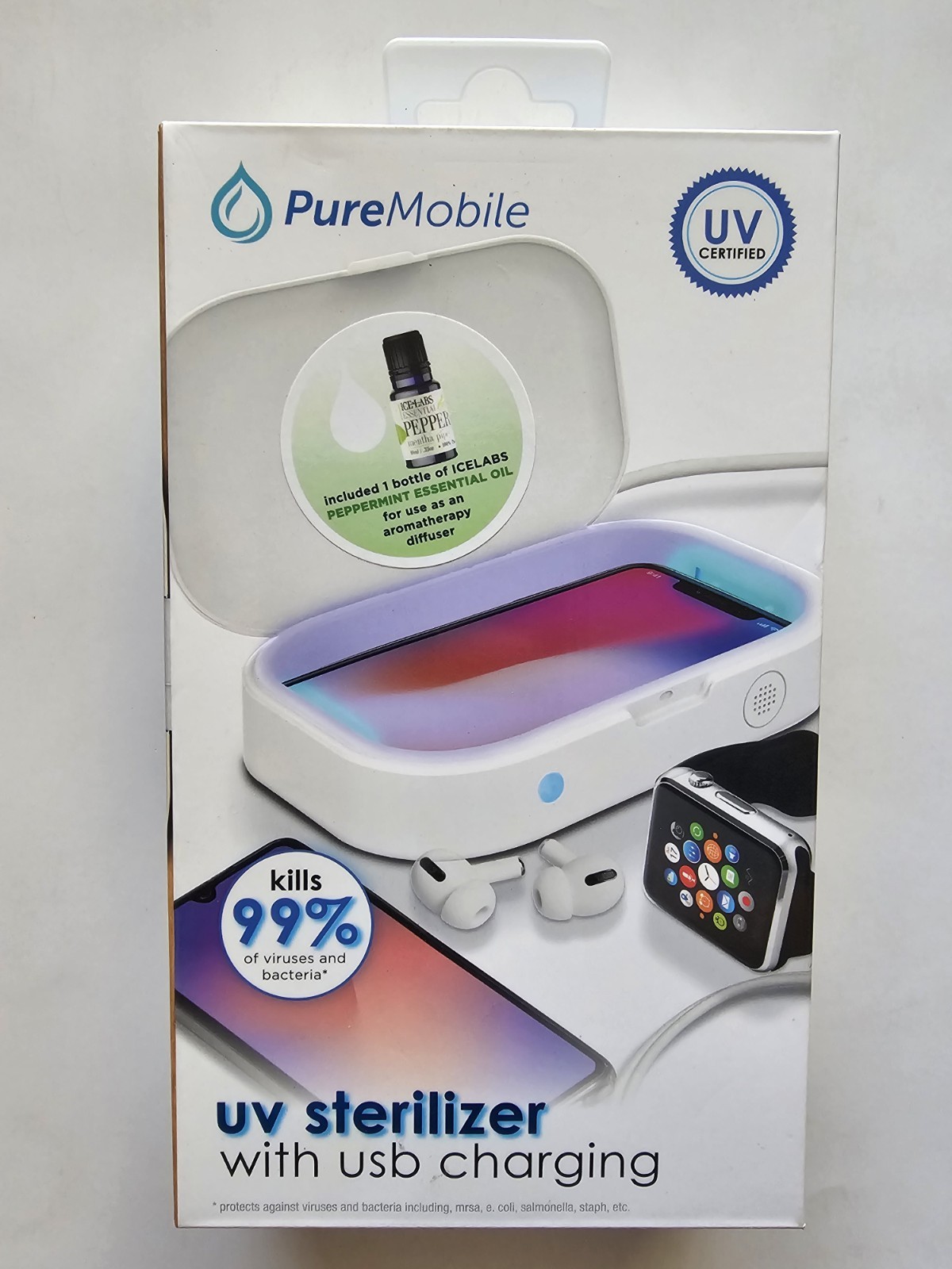 PureMobile UV Sterilizer USB Charging Universal White w/ Essential Oil