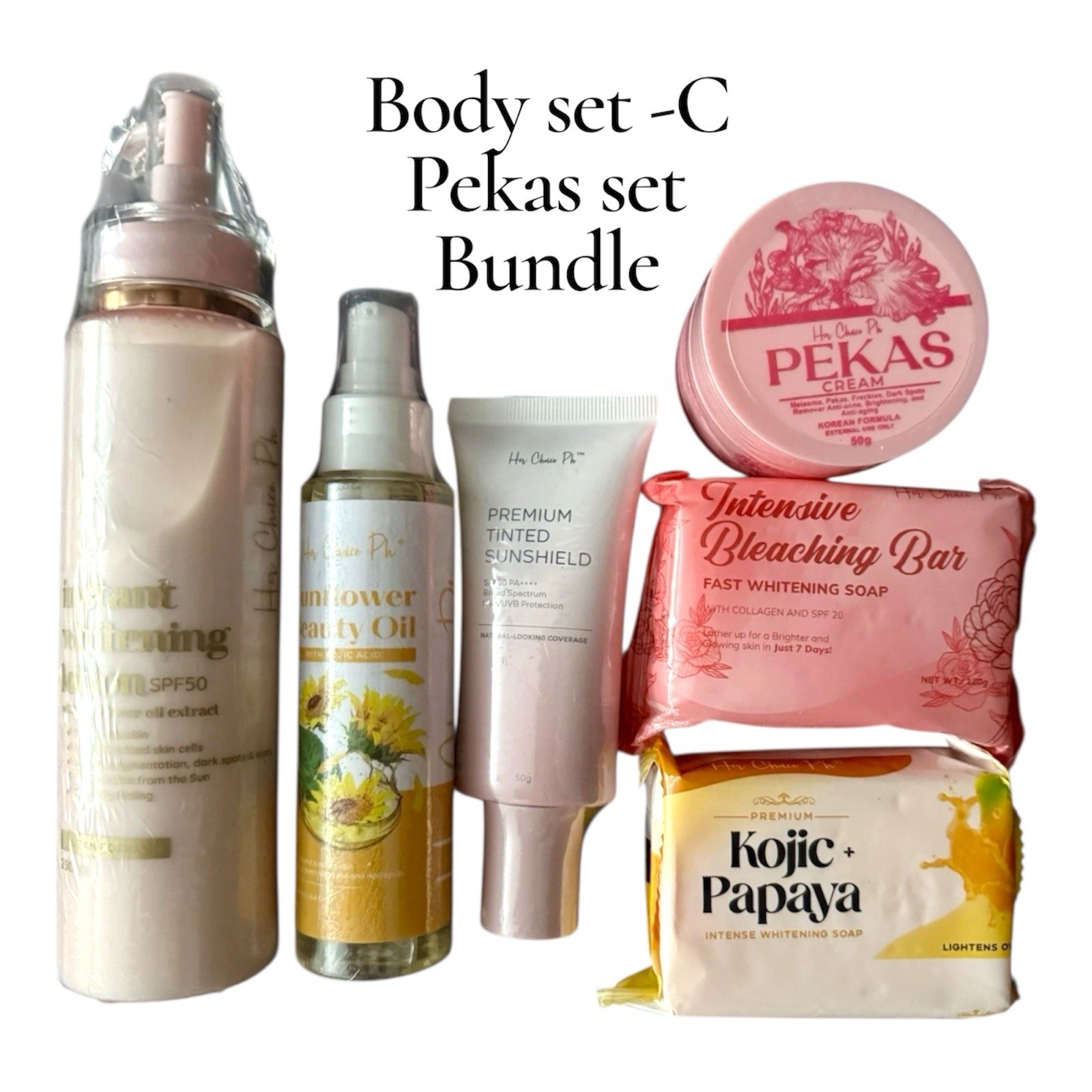 Her Choice PH Kojic Soap, Body Lotion , Sunflower Beauty Oil, & Pekas Facial Set