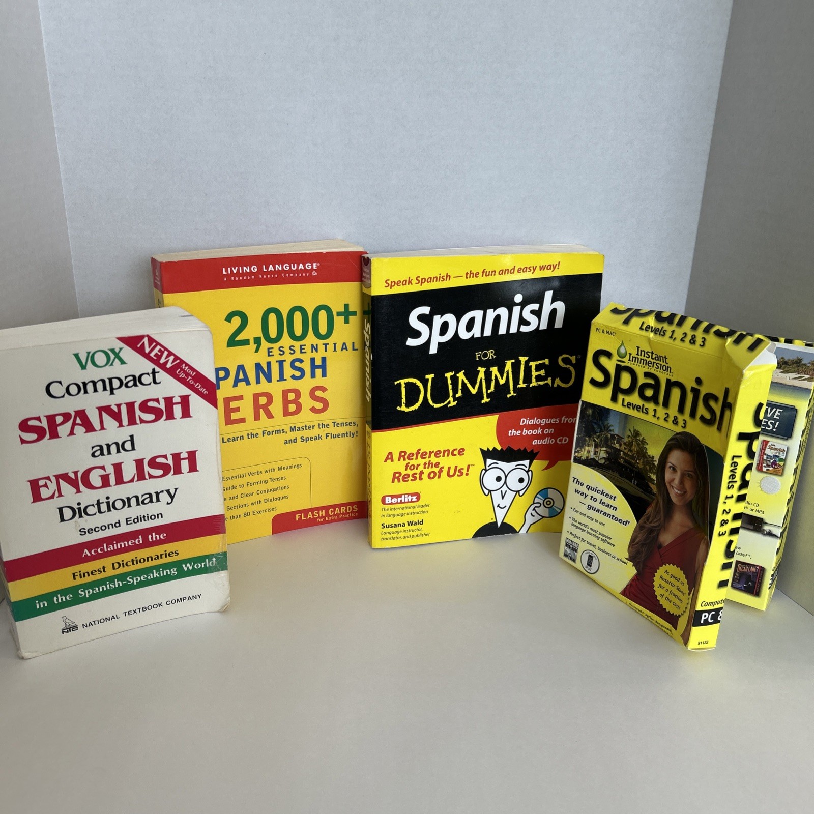 Spanish Learning Book Lot – Dictionary, 2000+ Verbs, Spanish for Dummies & PC CD
