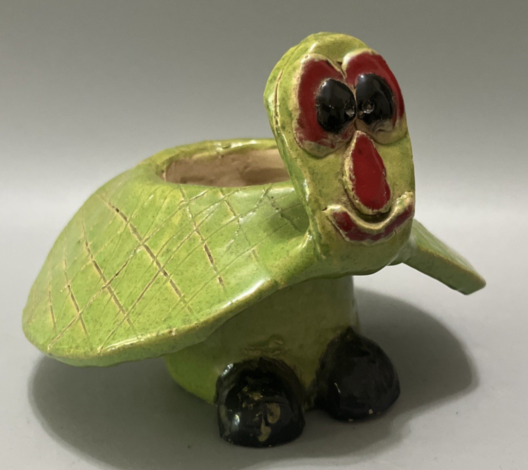 Ceramic Glazed Hand Painted Hand Made Smiling Turtle Tortoise Pinch Pot Planter