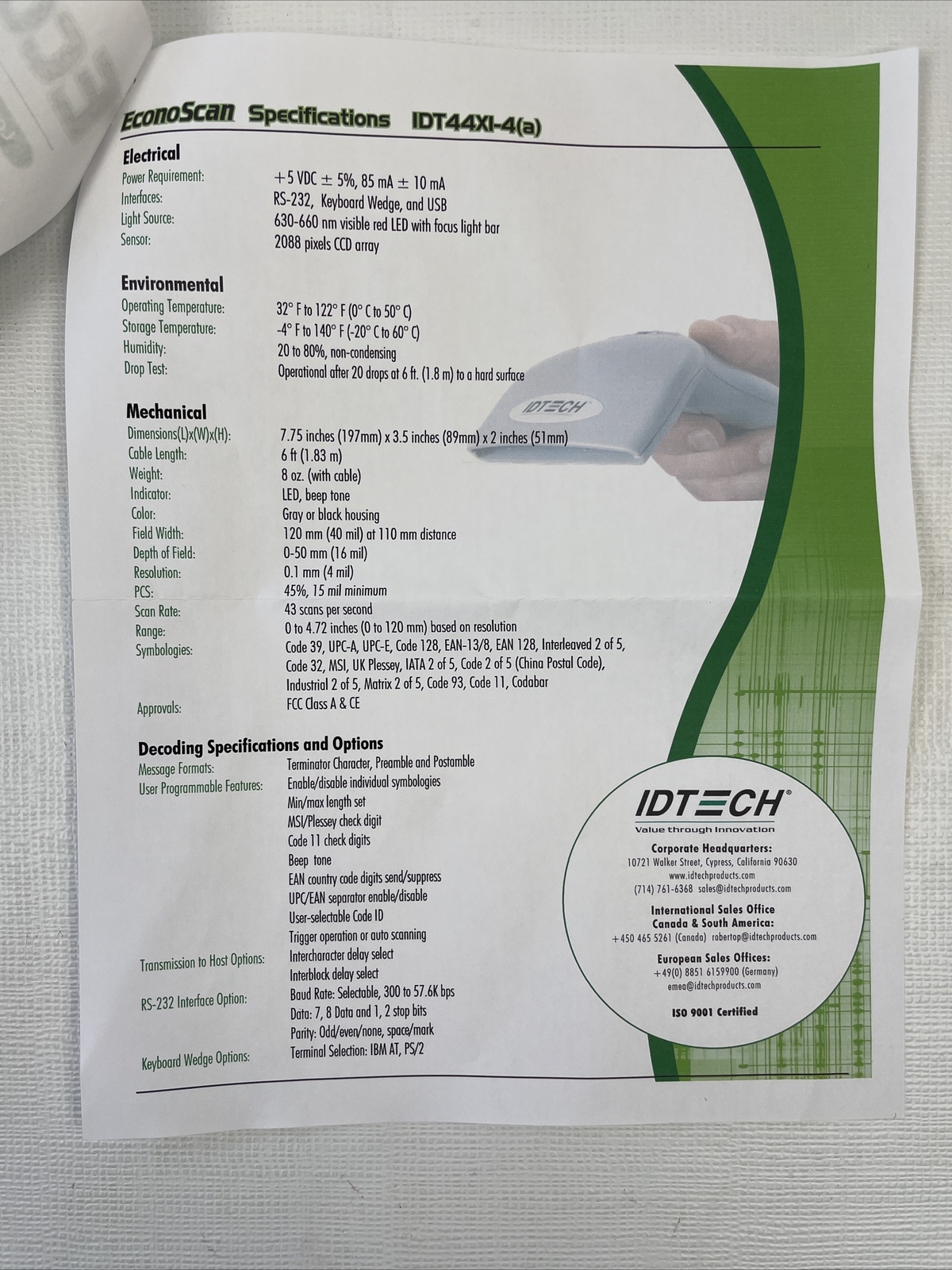 ID Tech IDT4439U CCD Scanner For Bar Codes USB UNTESTED
