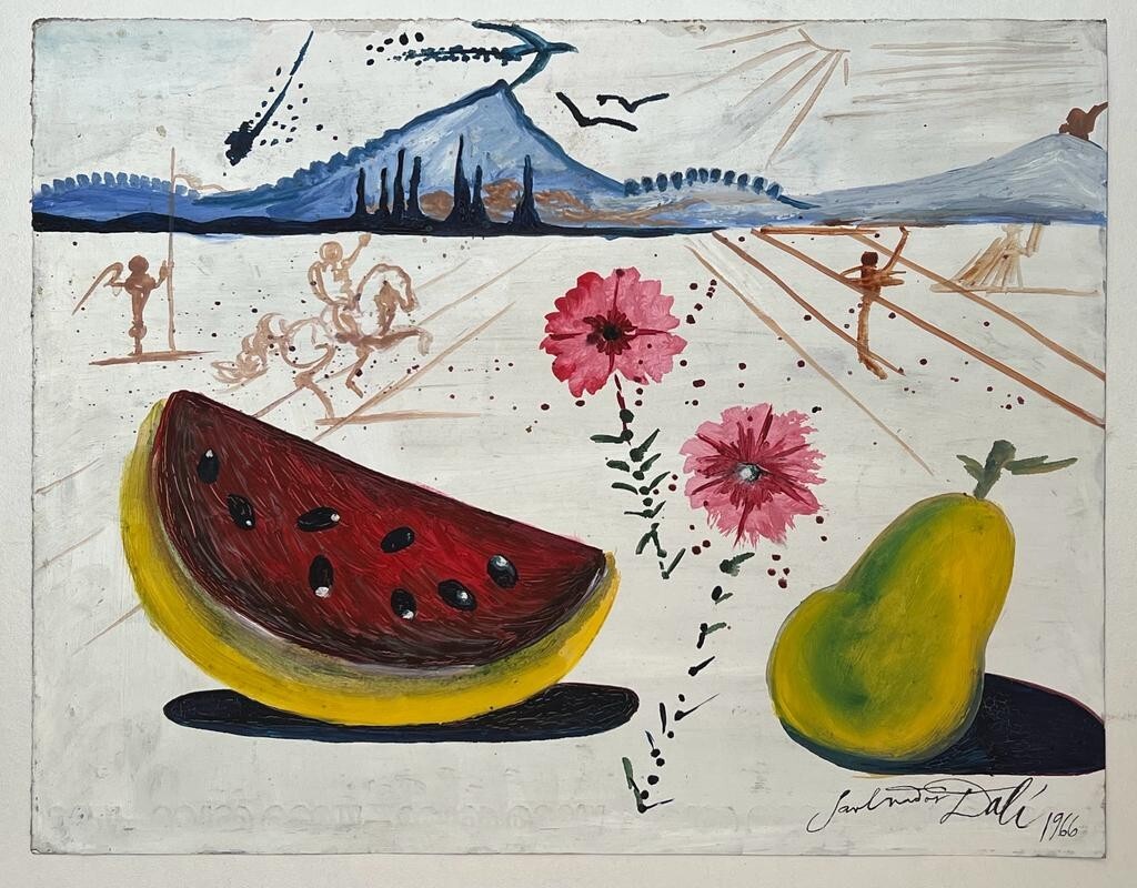 Salvador Dalí (Handmade) Oil Drawing On old Paper Signed & Stamped, Vtg Art