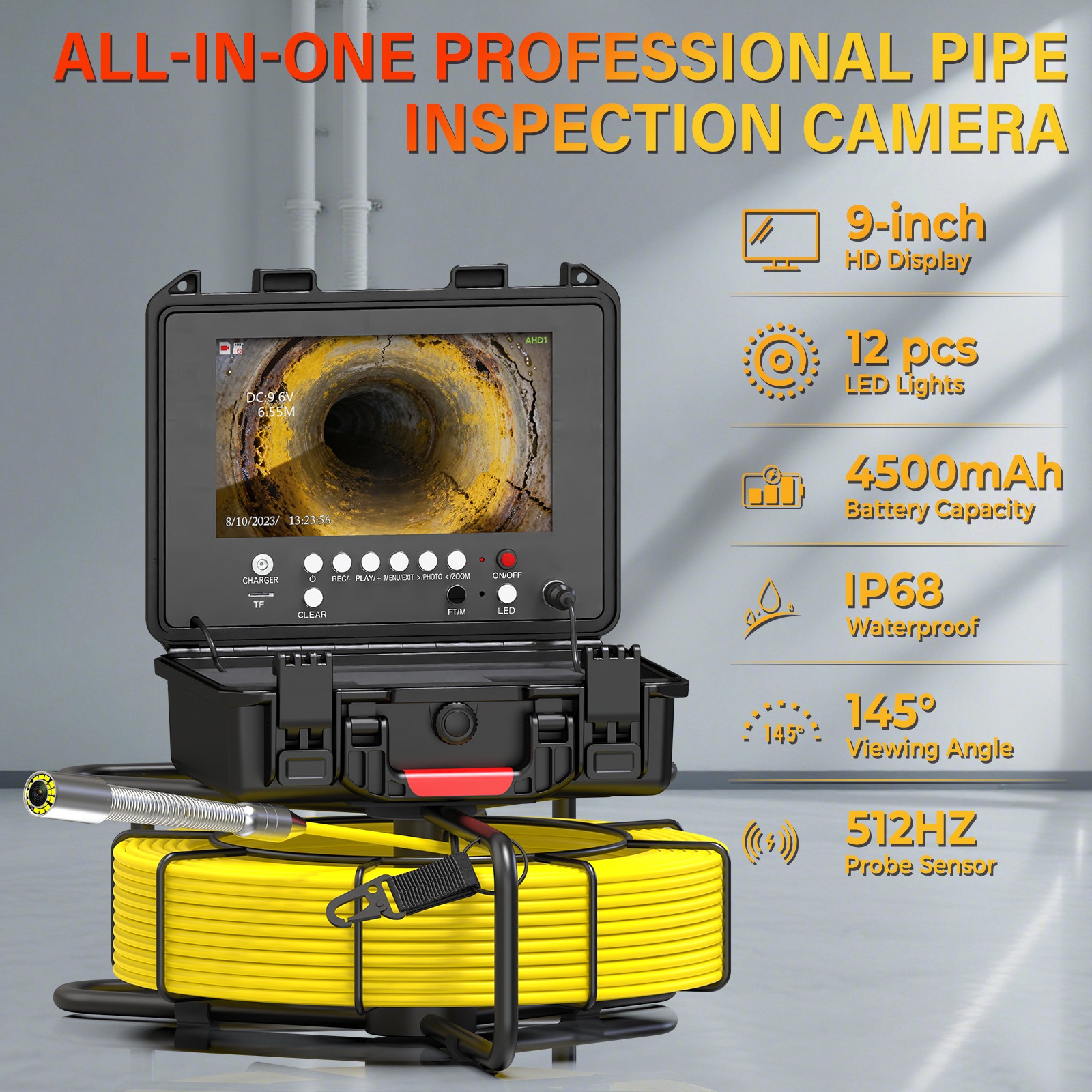 30m Pipe Inspection Camera 512hz Self-leveling Sewer Camera Meter Counter IP68