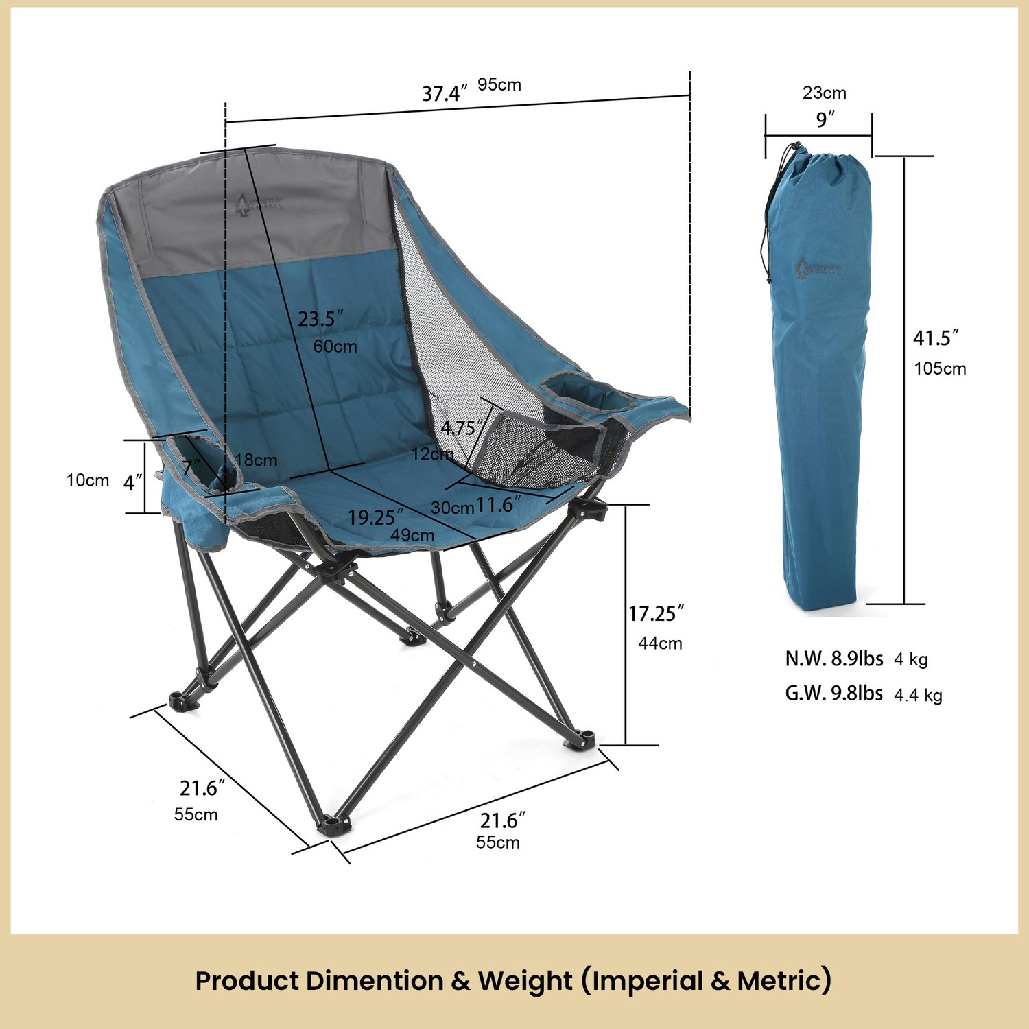 Portable Oversized Folding Camp Chair 2 Cup Holders Side Mesh Pockets Carry Bag