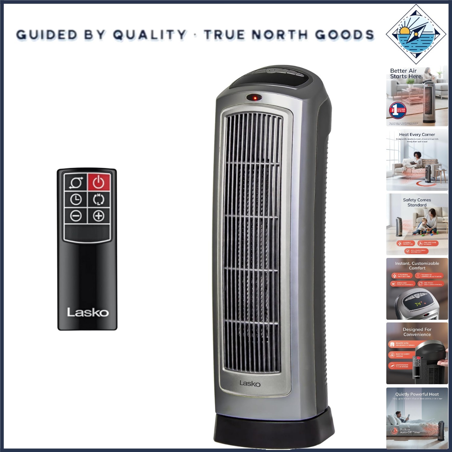 Silver Ceramic Tower Heater, 1500W with Remote Control & Adjustable Thermostat