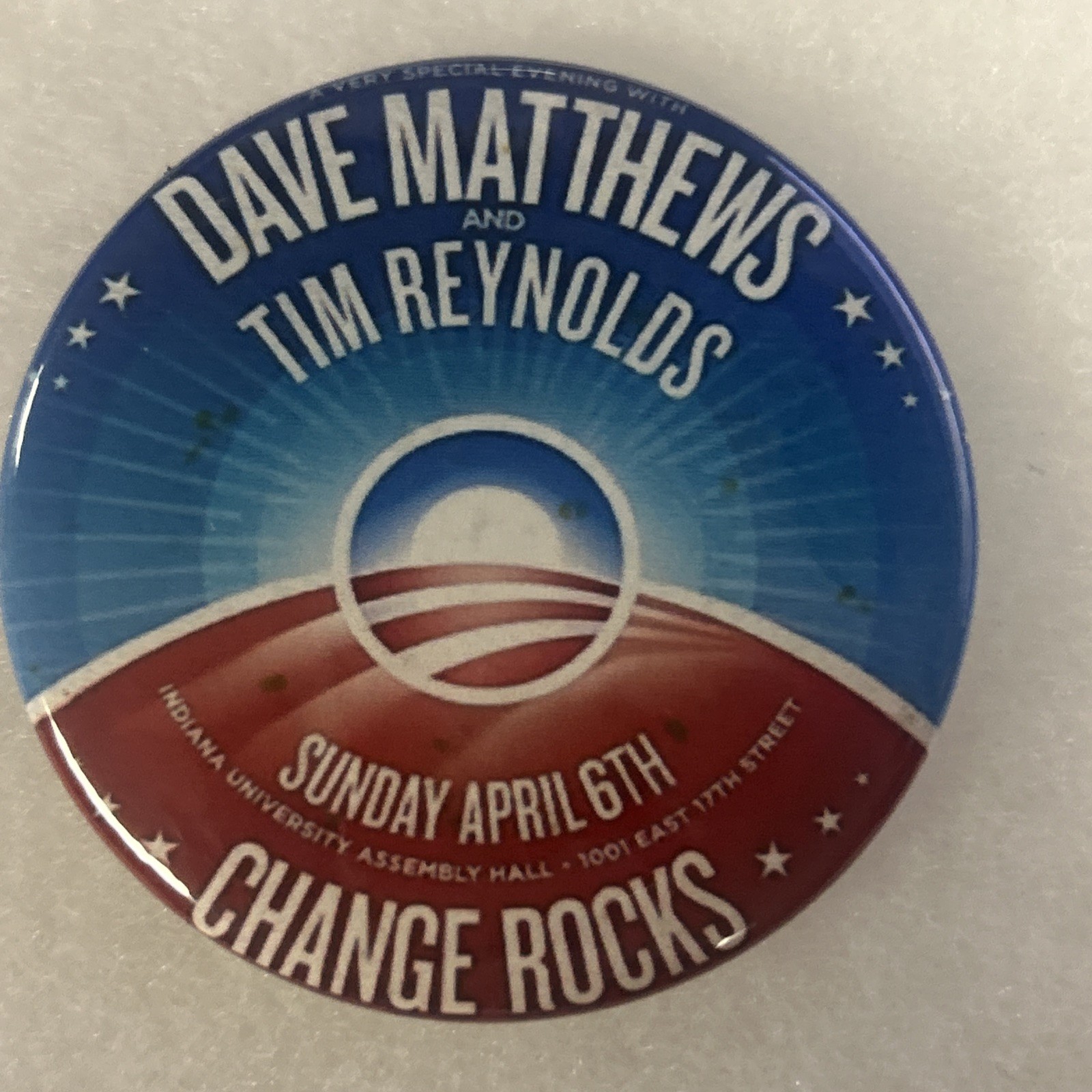 Dave Matthews Change Rocks Indiana University Barack Obama 2 1/4” pinback button