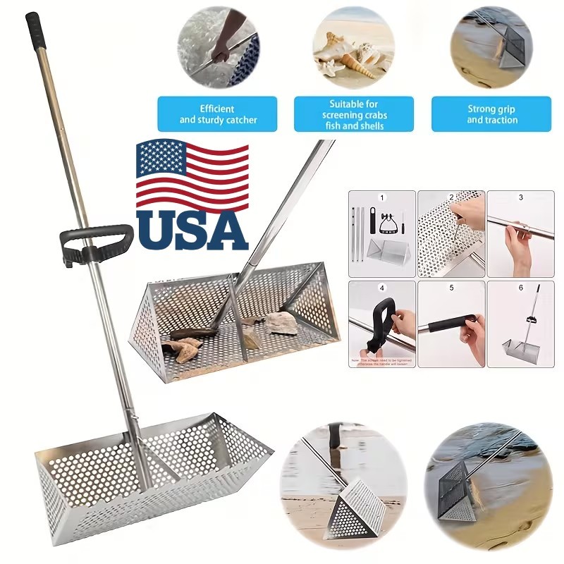 Sand Flea Rake for Beach, Metal Detachable Sand Sifter with 55" Handle, Portable