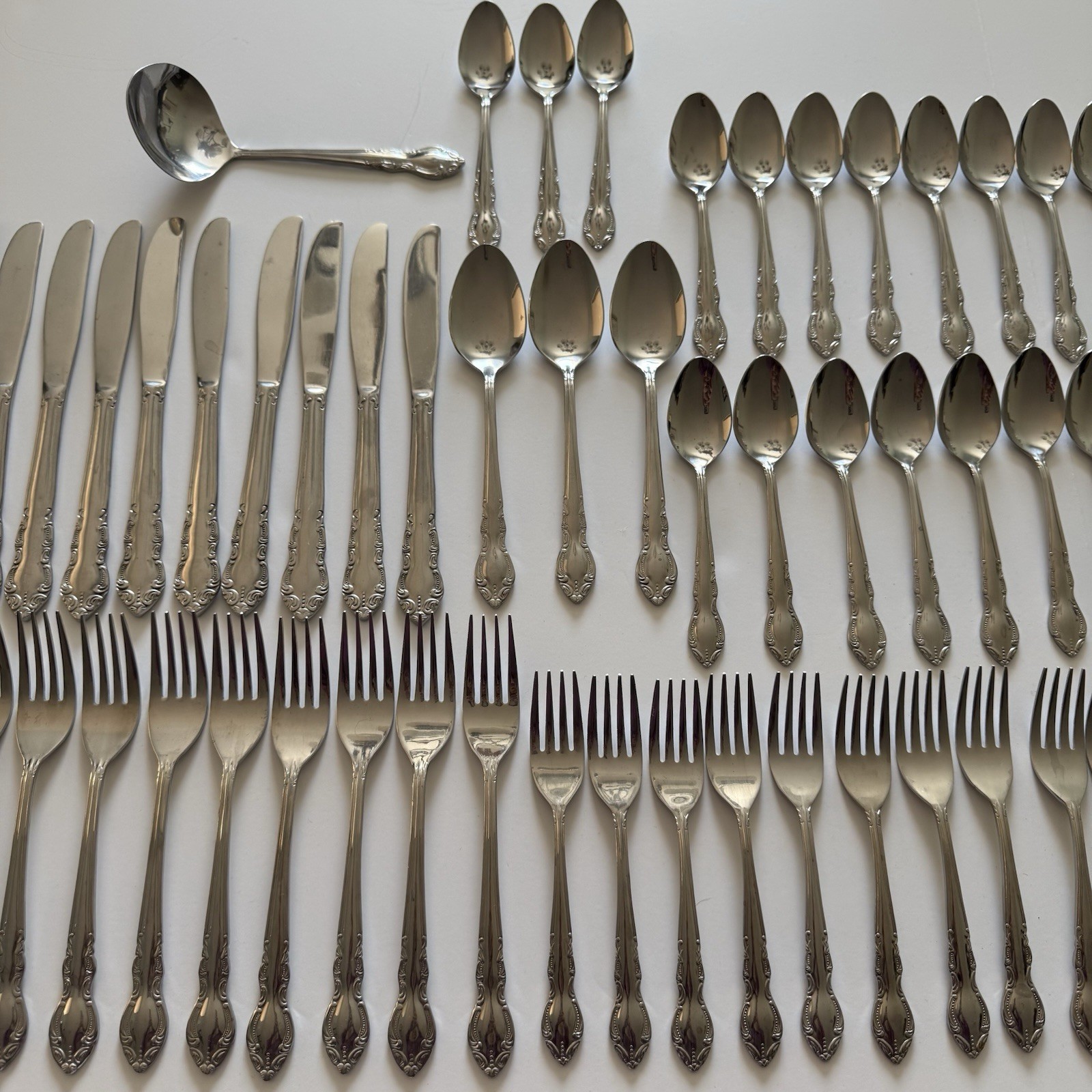 Vintage Flatware lot of 63 Unknown Manufacturer UNF 122 Scrolls Dots Stainless