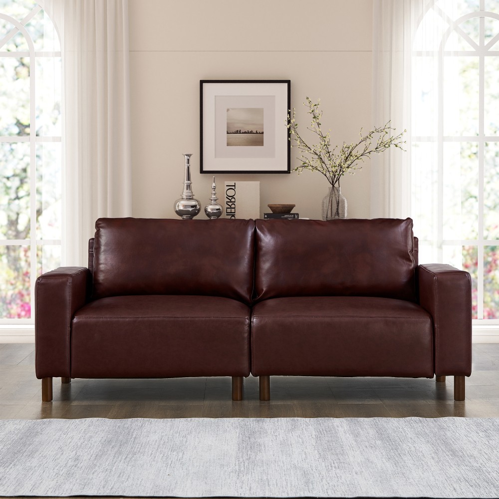 Burgundy 2-Seater PU Leather Sofa, Breathable Loveseat, Assembly Required