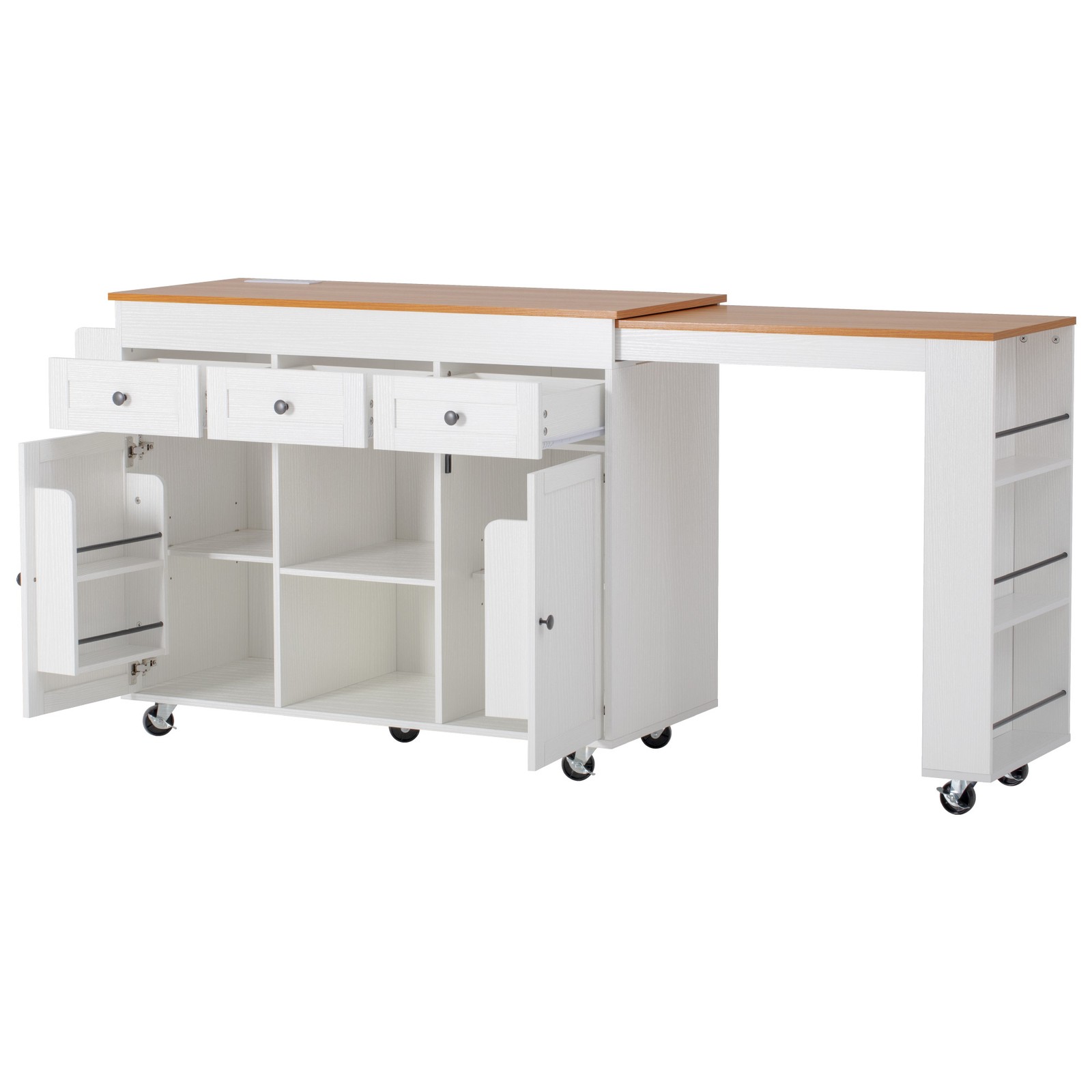 White Kitchen Island with Extendable Dining Table, 3 Drawers, 2 Doors, 85.5"