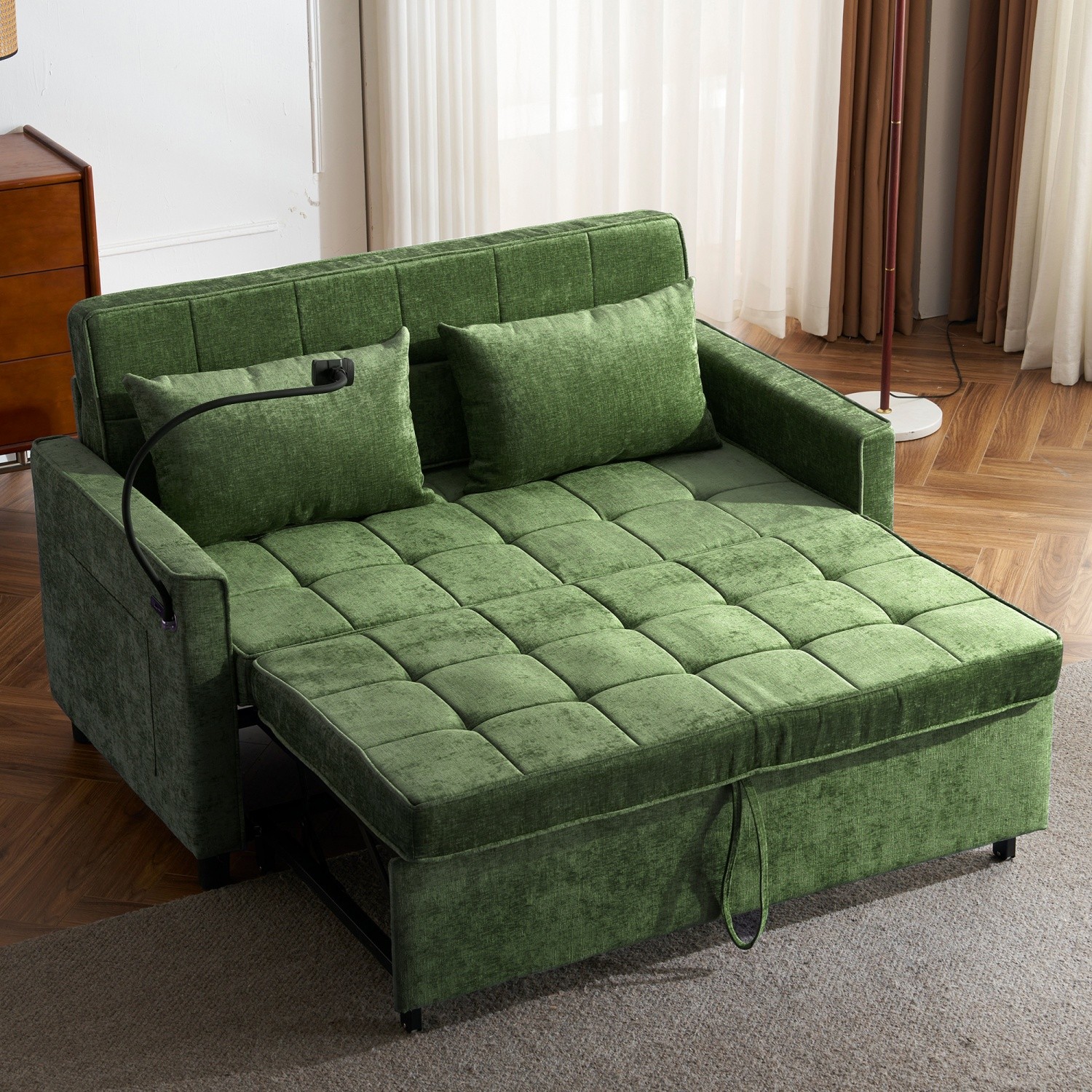 56.9'' Convertible Sleeper Sofa Bed Loveseat Sofa with Pull Out Bed & USB Ports