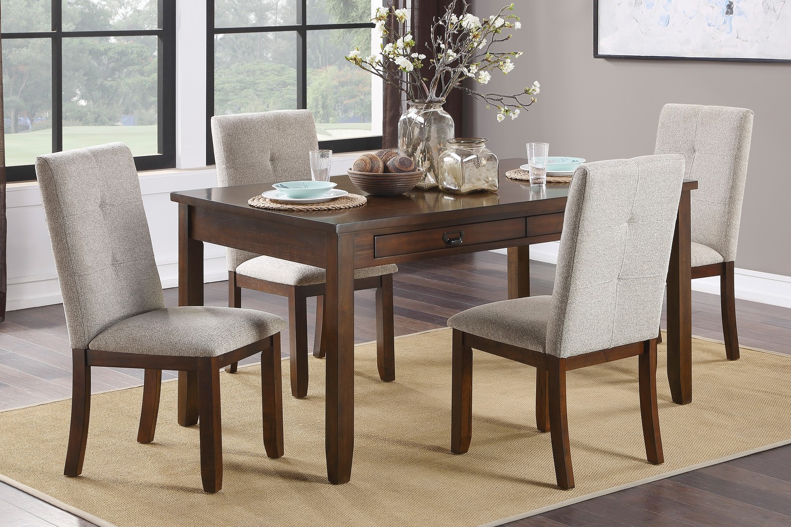 Dark cherry-finished dining table with 4 drawers, transitional style