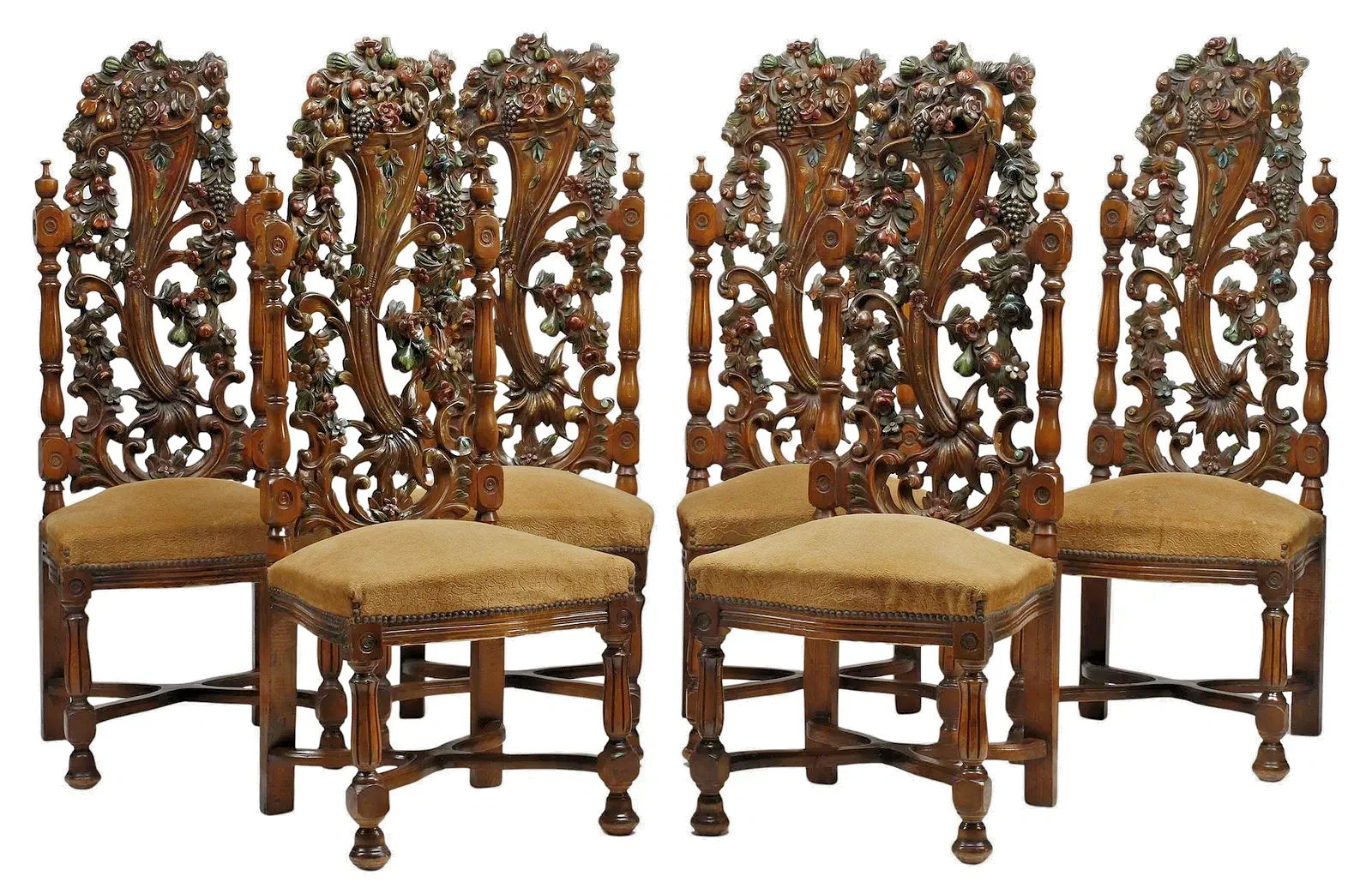 Dining Chairs, Set of 6, Spanish Revival, Carved, Polychrome, Cornucopia  54.5”!