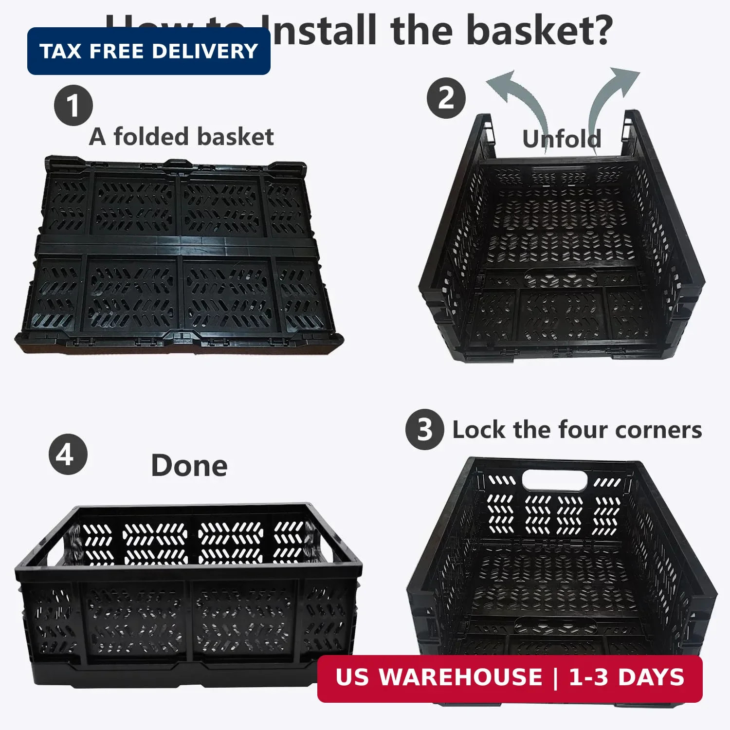 4-Pack Plastic Storage Crates,20L Foldable Baskets,Collapsible Crates, Storage B