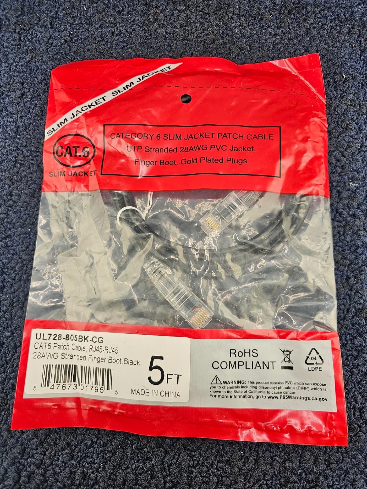 (QTY 8) Shaxon UL728-805BK-CG: CAT 6 Slim Patch Cable, UTP Stranded 5Ft