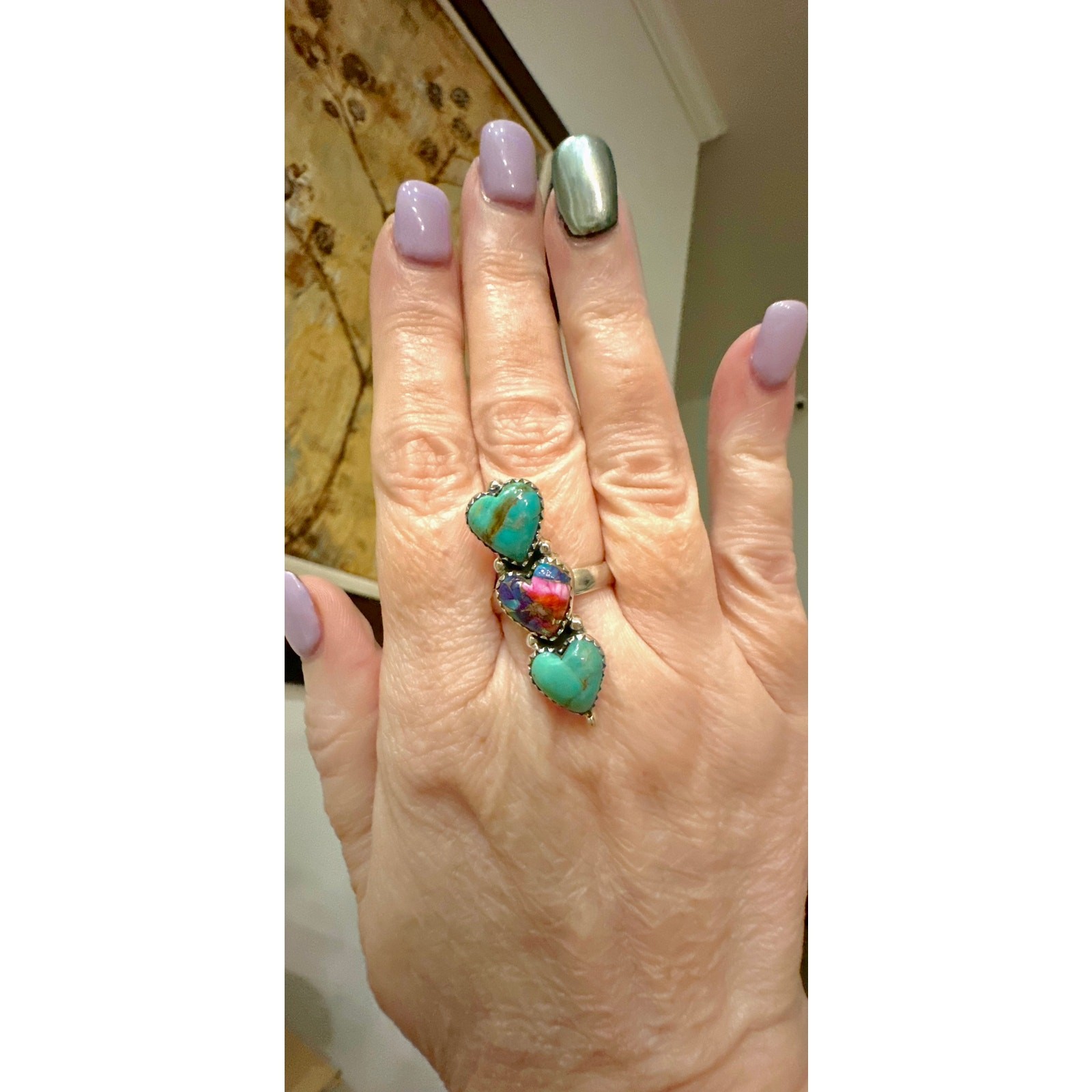 Kingman Turquoise & Pink Spiny Oyster Three Stone Ring Adjustable 925