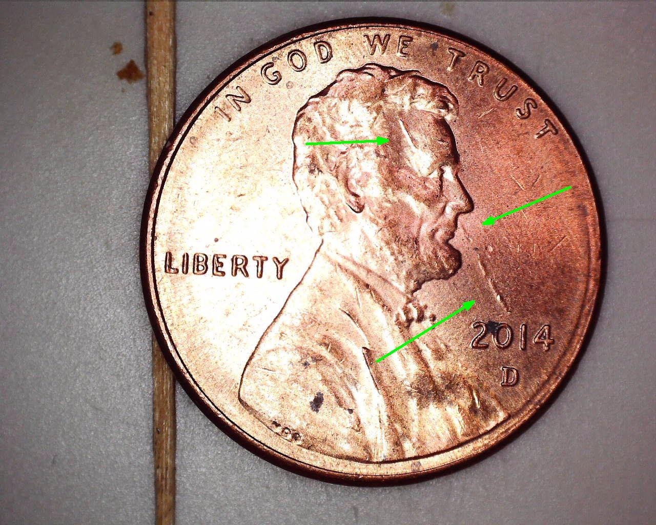 2014 Denver Penny ~ Several Die Chips through Head and onto Front Field
