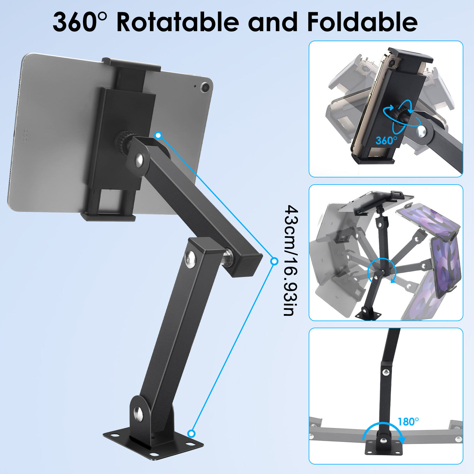 Tablet Wall Mount 360° Rotating Foldable Phone Holder for 4.7-13" iPad iPhone