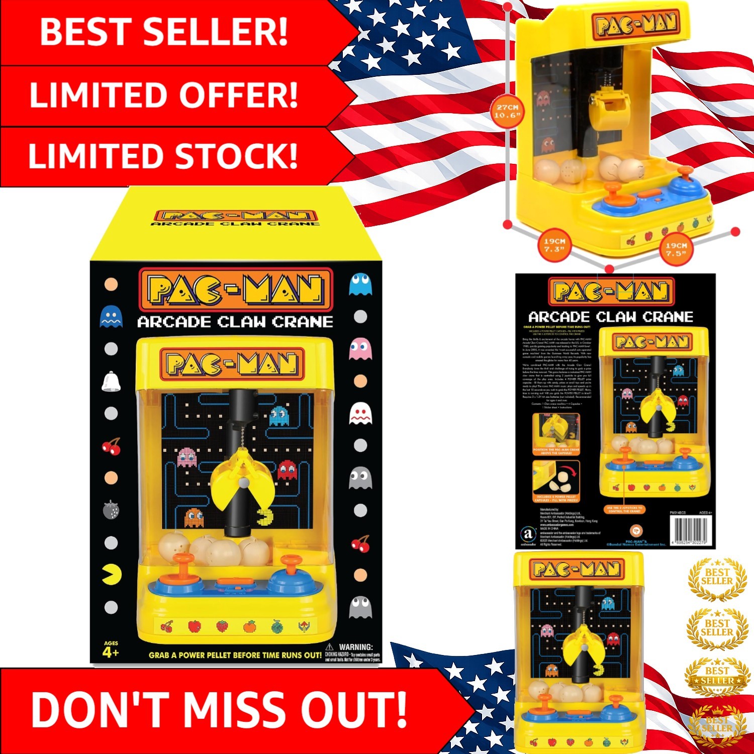 Pac-Man Arcade Claw Crane - Dual Joystick Tabletop Game with 4 Prize Capsules