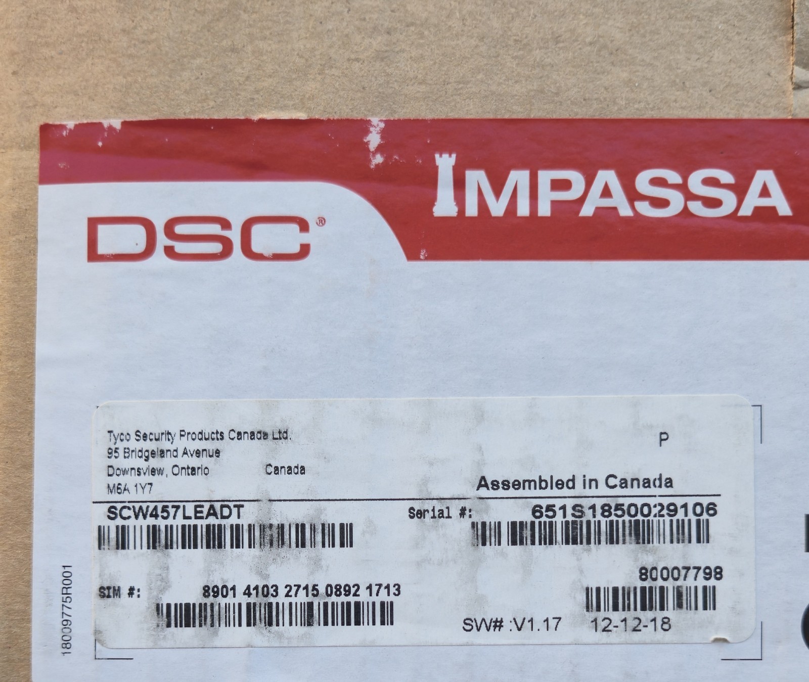 DSC Impassa Model SCW457LEADT, Alarm System Control Panel, New Open Box.