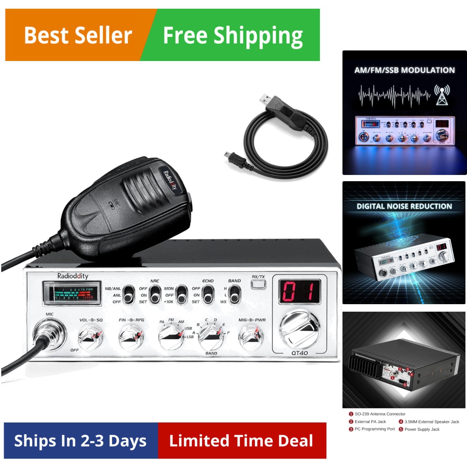 10 Meter SSB Ham Radio, Digital Noise Reduction 40W High Power Amateur Radio ...
