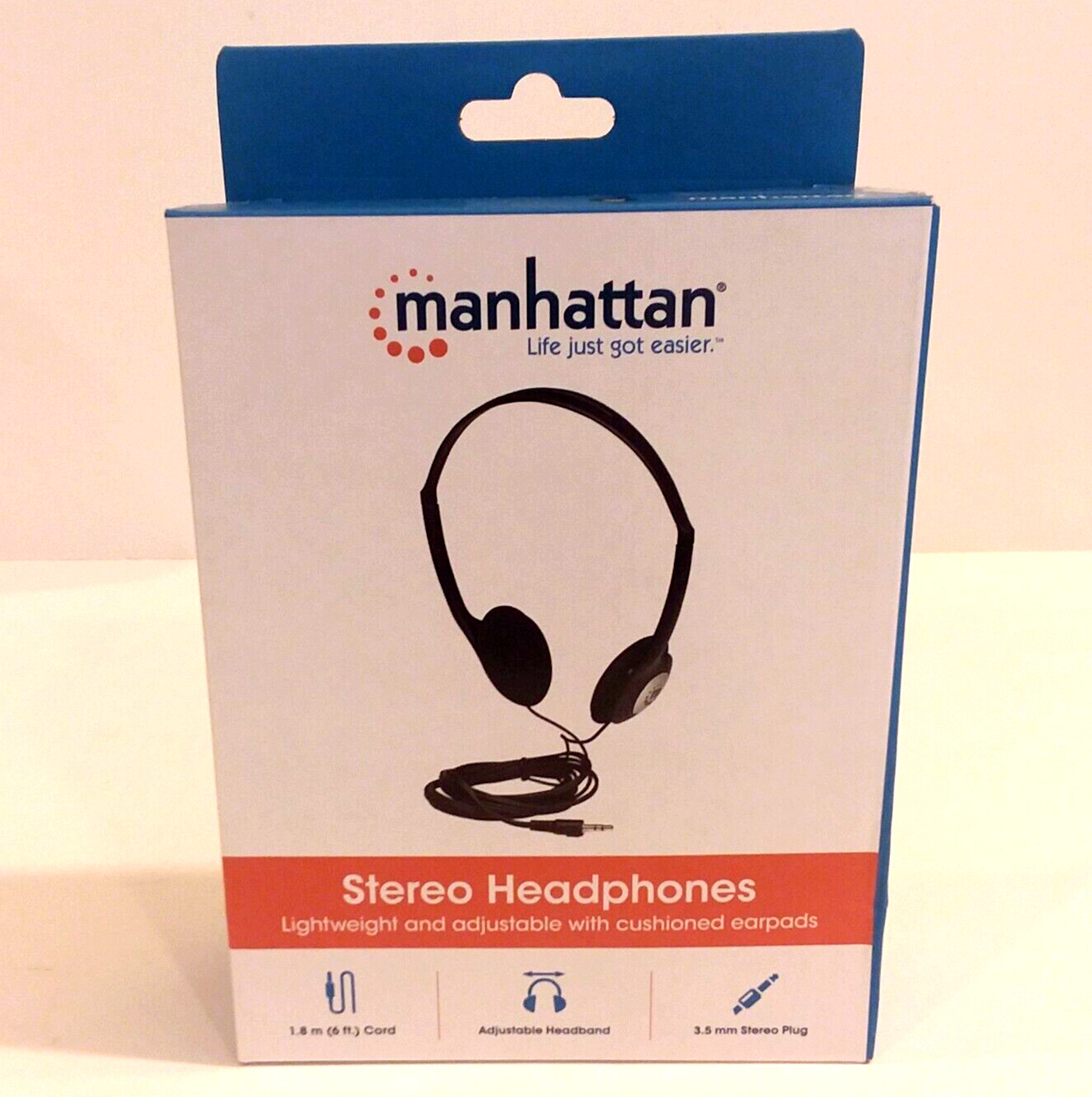 Manhattan 177481 Lightweight Stereo Headphones Black, 3.5mm Jack, 6.0' Cable NEW