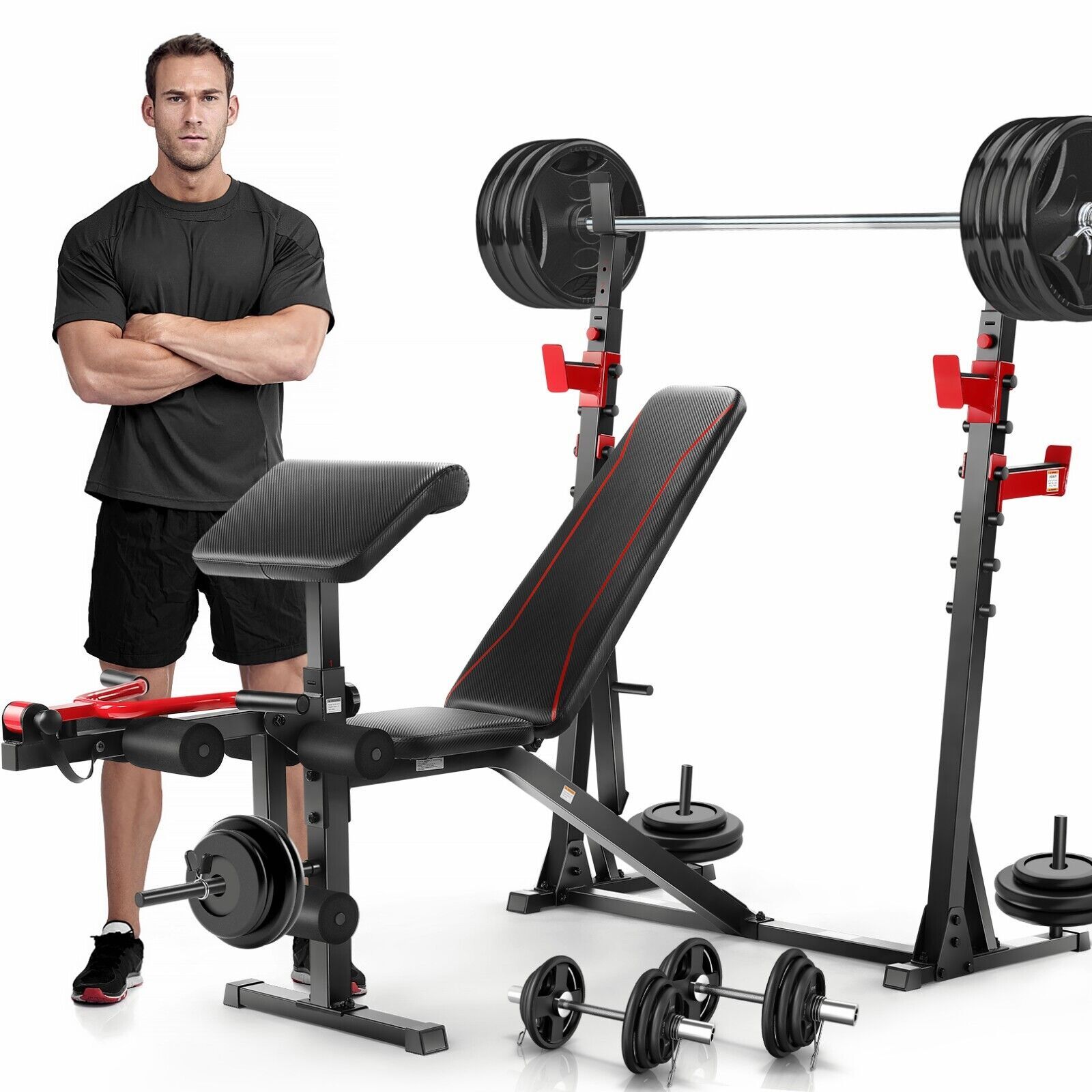 900LBS Olympic Weight Bench with Squat Rack Adjustable Workout Bench for Home Gy