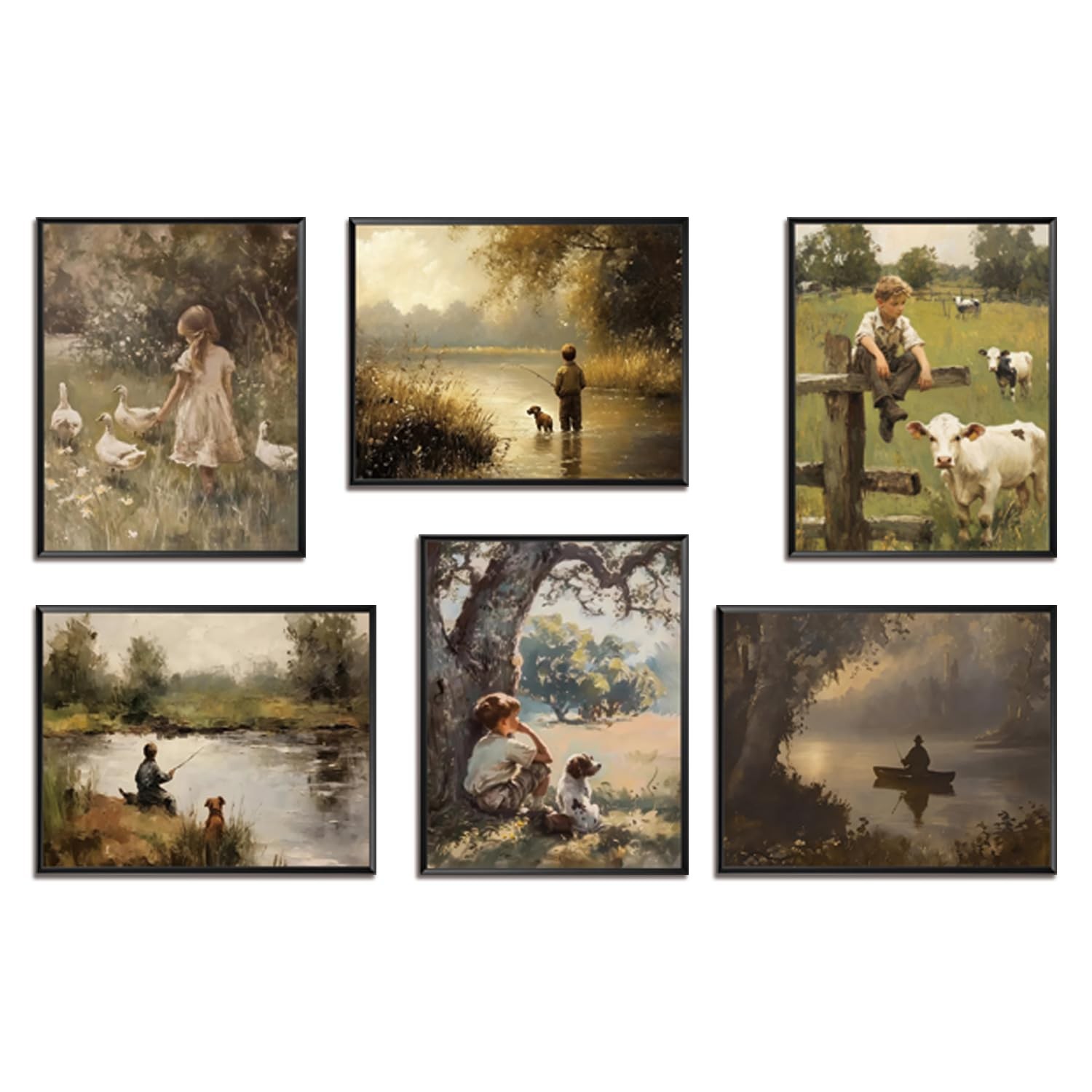 Vintage Countryside Wall Art Set of 6, Unframed 10"L x 8"W, Retro Landscape