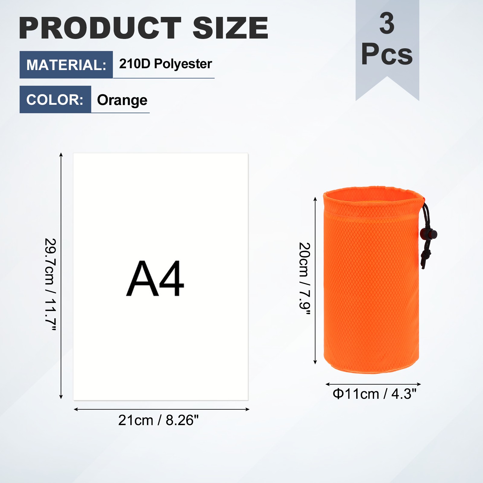 Drawstring Bag, Storage Bags for Backpacking, 4x8 Inch & 3 Pack & Orange