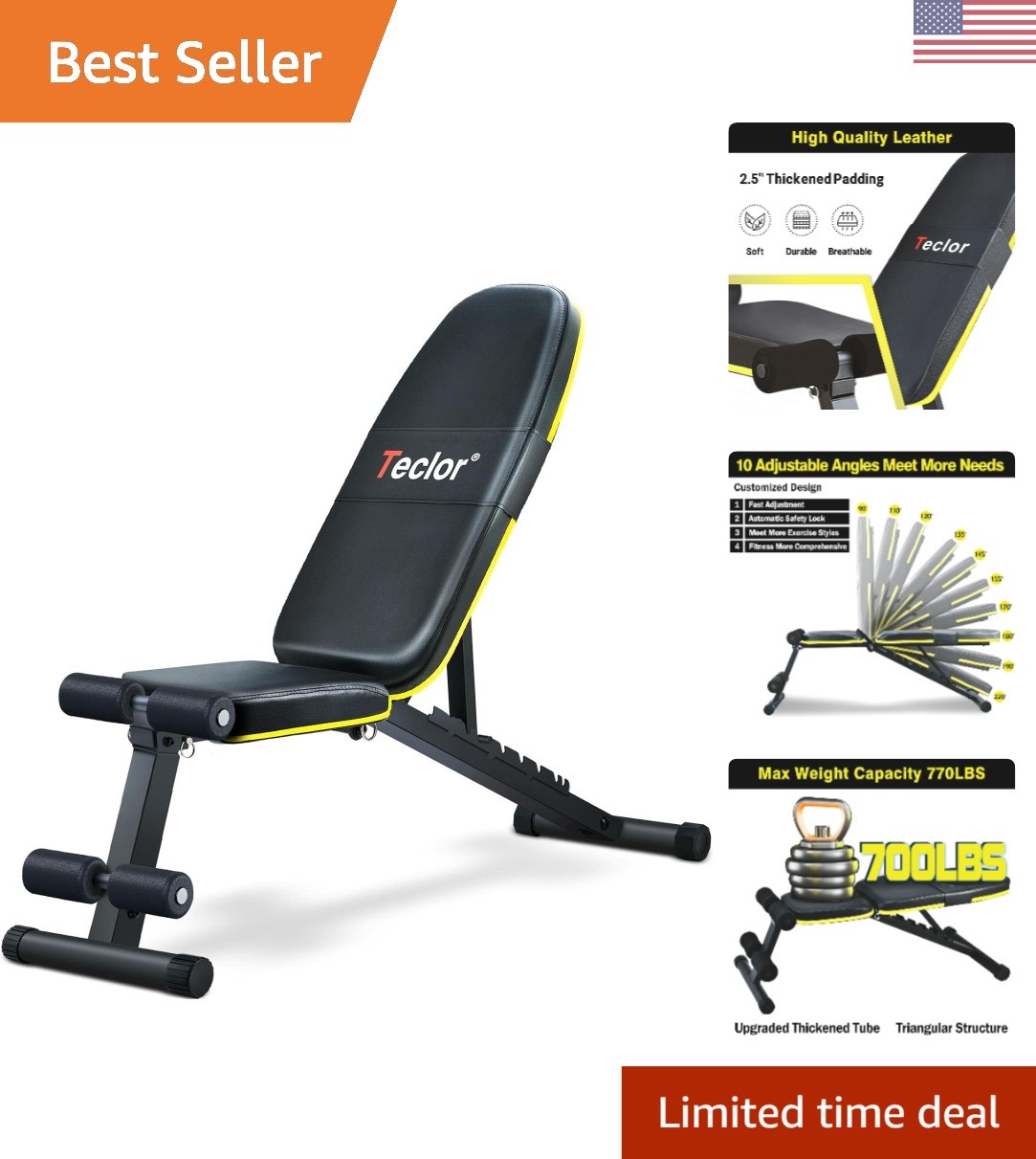 Foldable Adjustable Weight Bench - 10 Position Strength Trainer, 770LB Capacity
