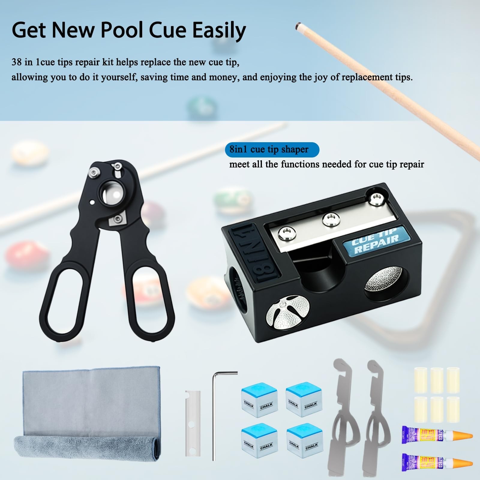 38PCS Pool Cue Tips Replacement Kit, 13mm Pool Stick Tips Replacement Kit wit...