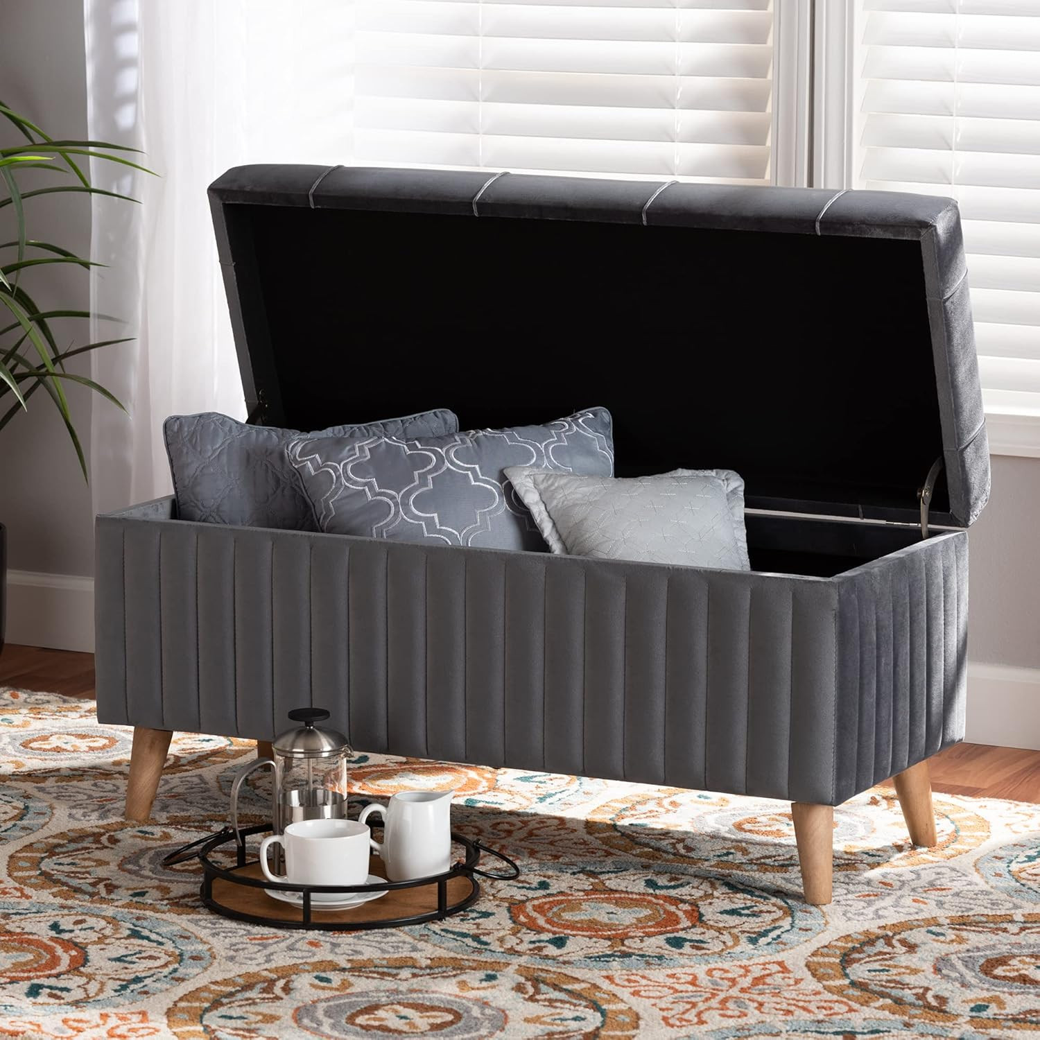 Grey Velvet Storage Ottoman with Walnut Wood Finish - Modern Design