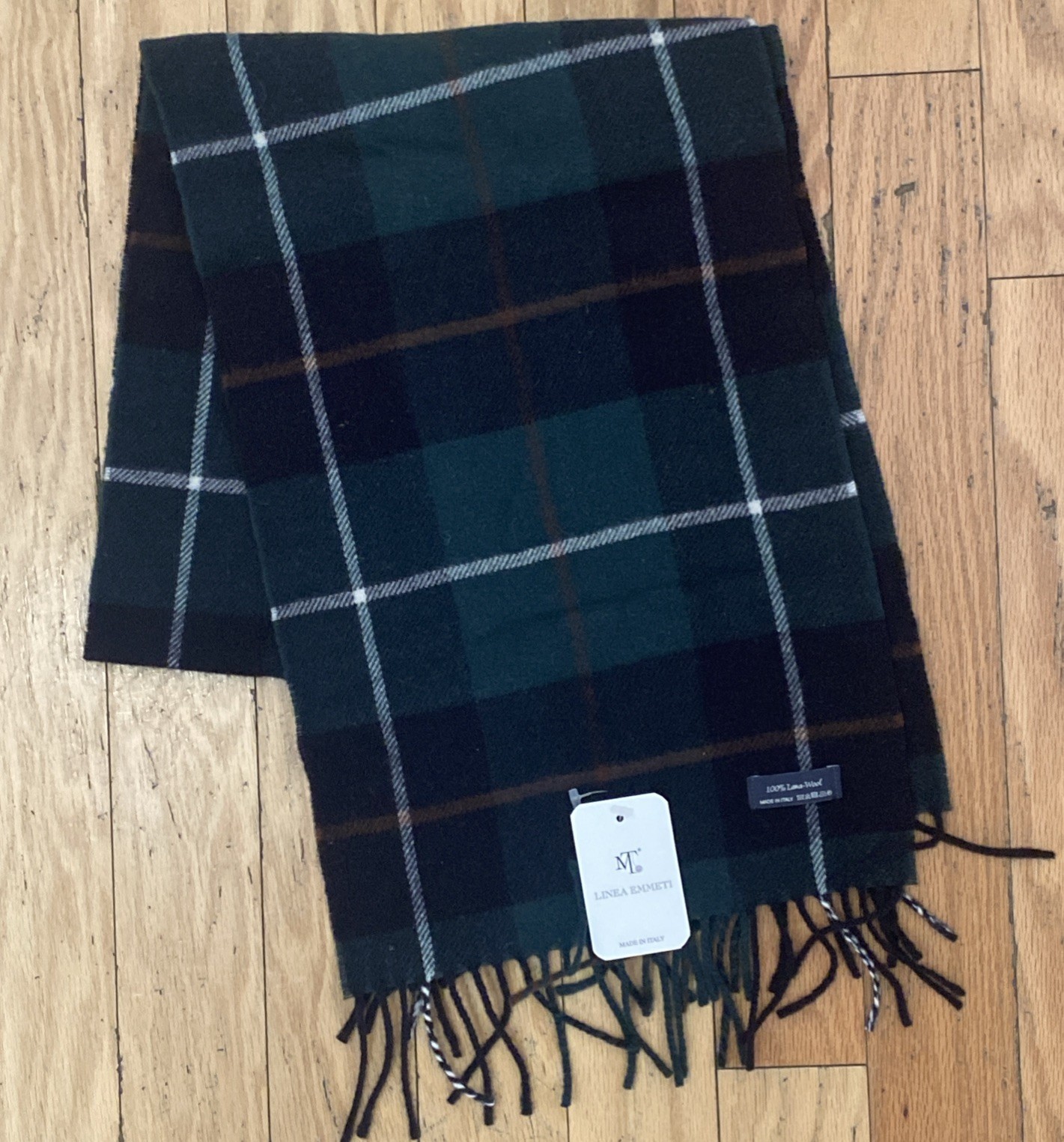 Linea Emmeti Scarf - Green/Blue Plaid Tartan Mens 12"x71" 100% Wool ITALY, NWT