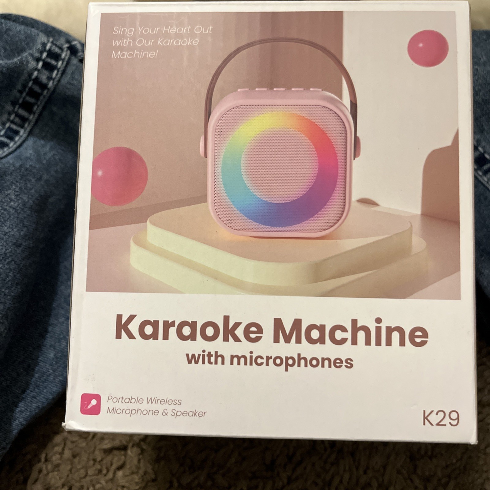 Mini Karaoke Machine with 2 Wireless Microphones Bluetooth Speaker Pink NEW