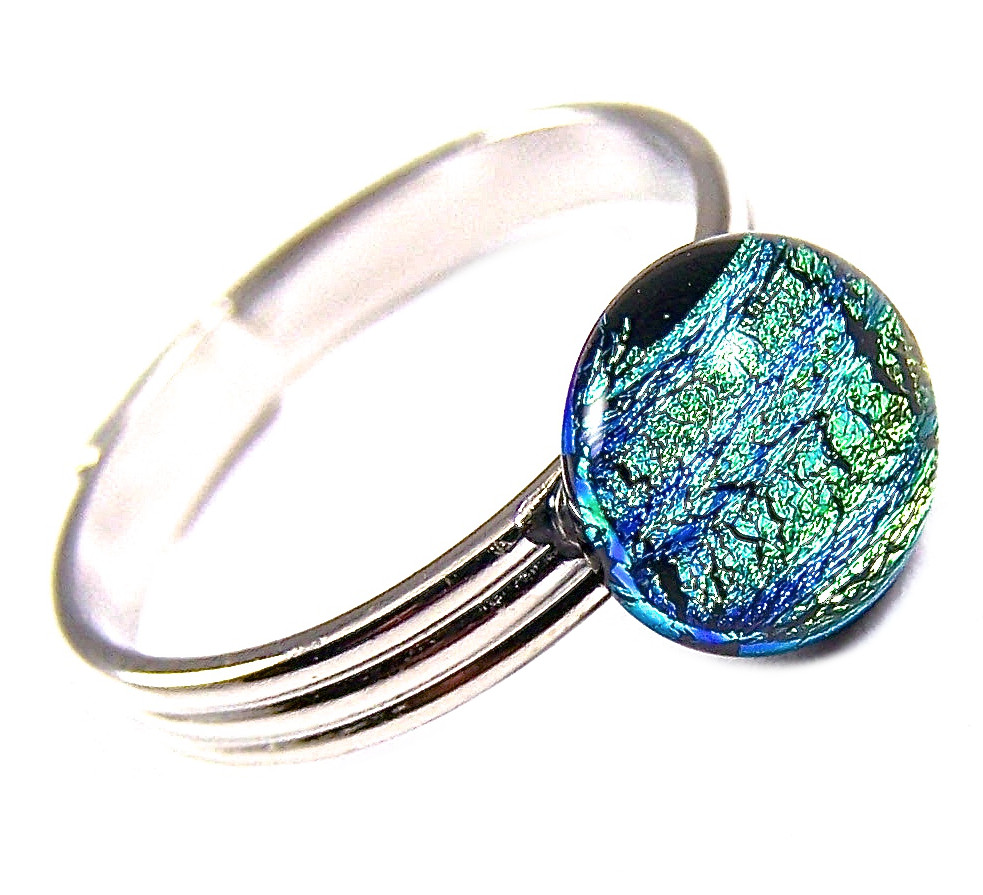 Dichroic Glass Ring Adjustable Yellow Green Stripe Round Dot Tiny 1/4" 8mm Small