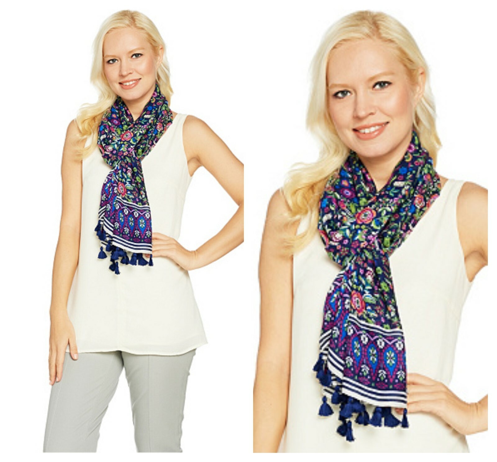 C. WONDER BOHO  FLORAL BORDER  PRINT POM POM TRIM  SCARF   Sz 28"W x 76"L  NEW