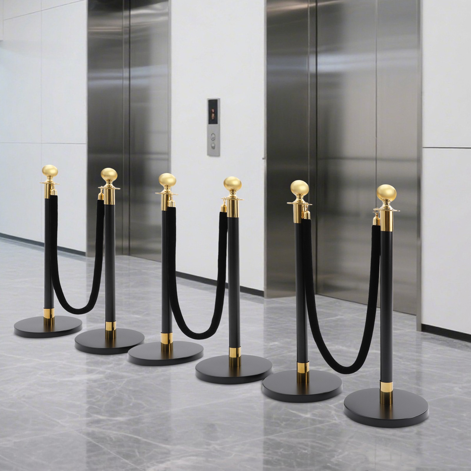 6PCS Black+Gold Stanchion Posts Queue Pole w/ 4 1.5M Ropes Crowd Control Barrier