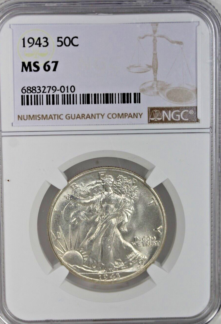 1943 Walking Liberty Half Dollar NGC MS67 Blazing White