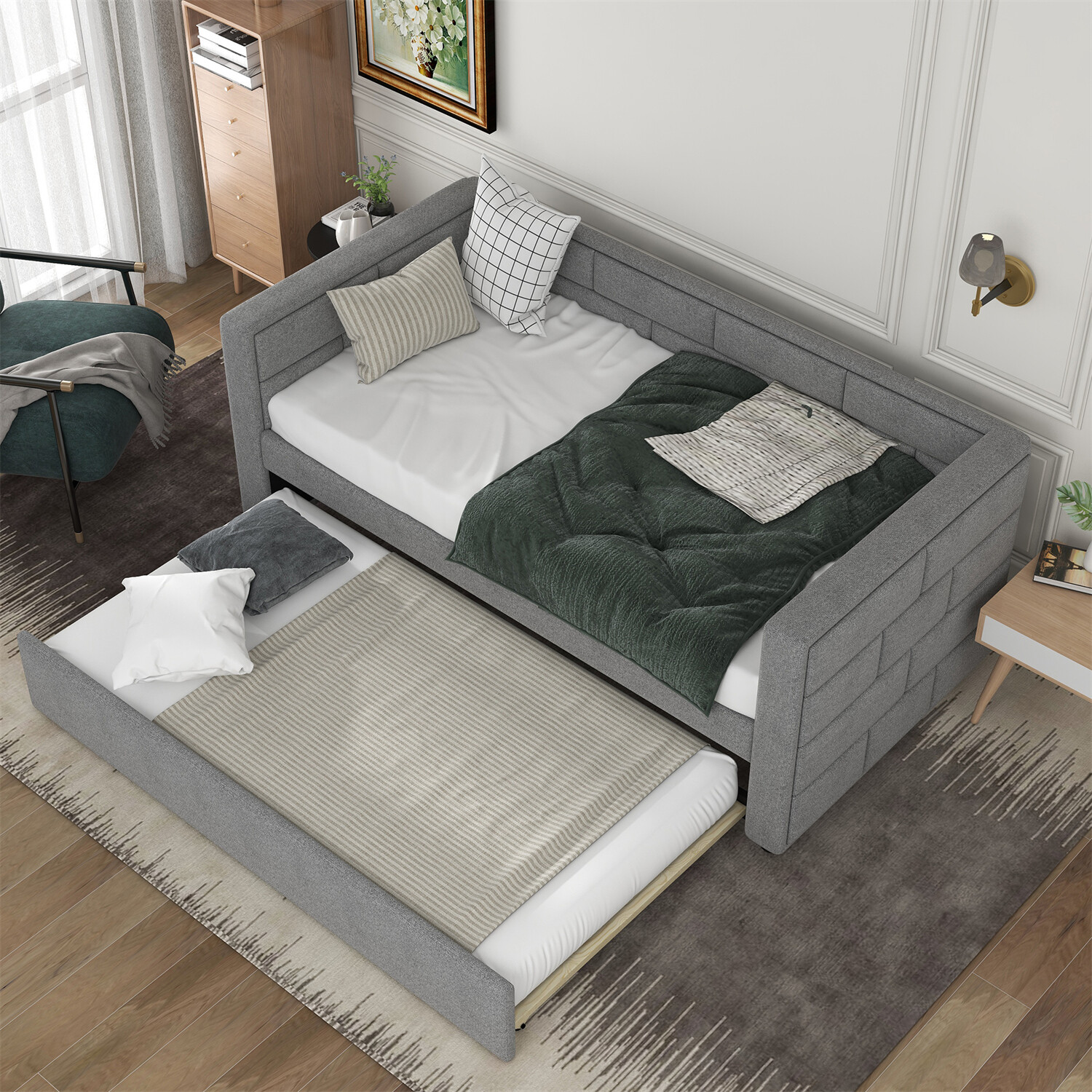 Twin Size Daybed with Pull Out Trundle Bed Upholstered Bed Frame Sofa Bed US