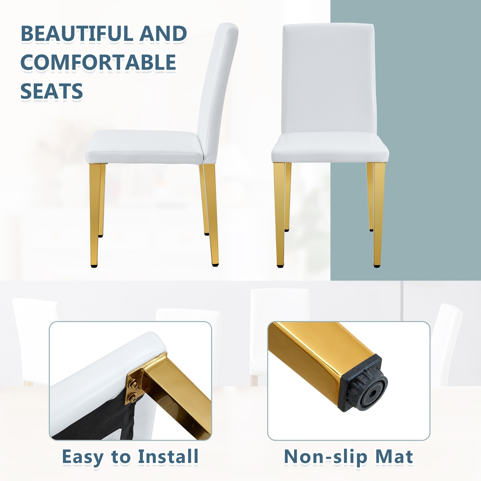 Set of 4 White PU Dining Chairs: 35.4" High, 18.5" Ergonomic Backrest