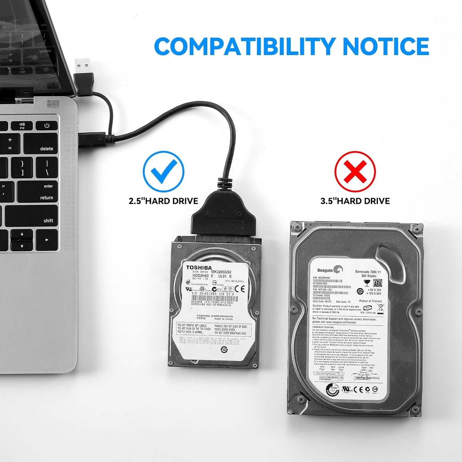 2-in-1 SATA to USB Cable USB-C/A 3.0 to 2.5" HDD SSD Adapter 23cm