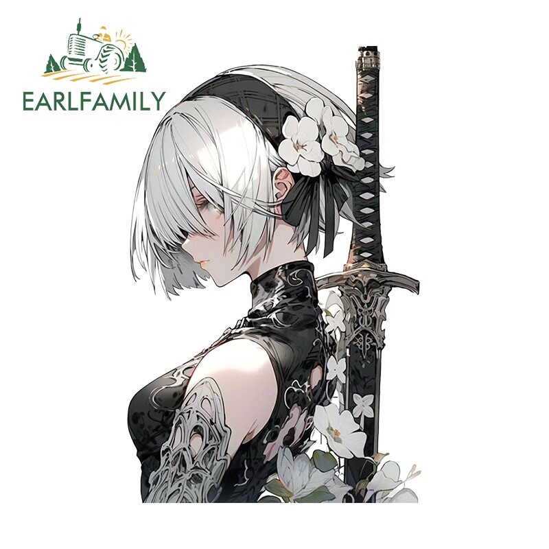 EARLFAMILY 5.1" 2B Nier Car Stickers Cartoon Short Hair Cool Girl Decal Decorate