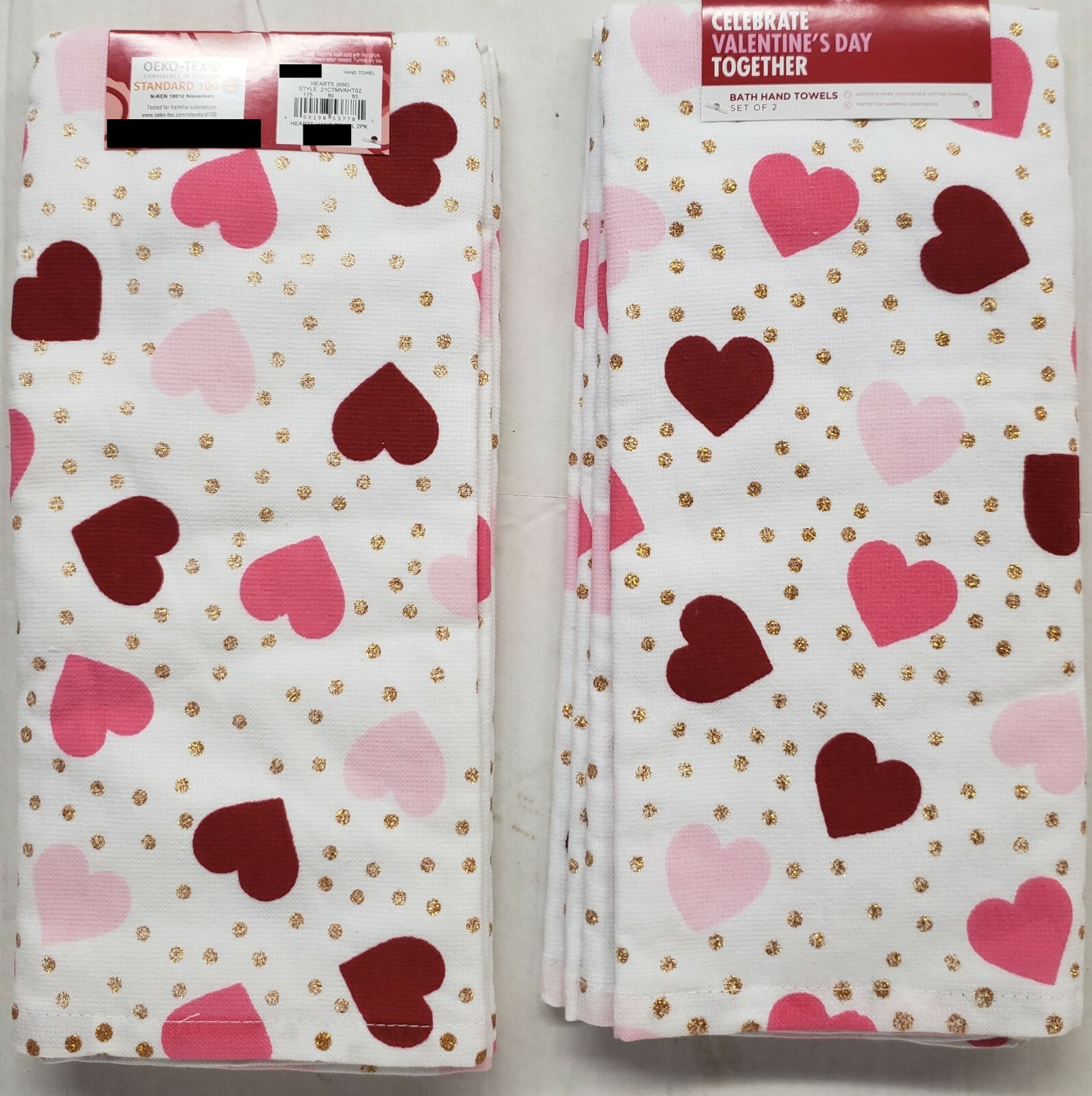 2 SAME PRINTED TERRY TOWELS (16"x25") VALENTINE'S DAY, LOVE COLORFUL HEARTS,KO