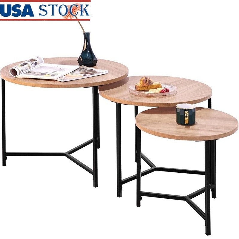Nesting Tables Set of 3 Modern Industrial Metal Wood Space Saving Design New