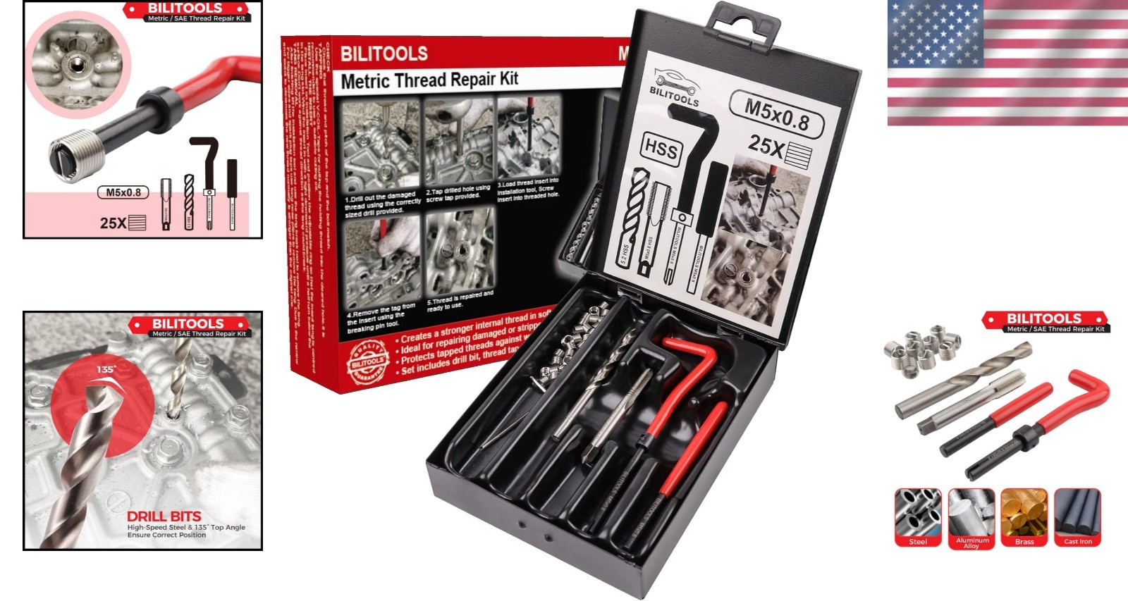 HSS M5x0.8 Thread Repair Kit with Durable 304 Stainless Inserts - Lightweight
