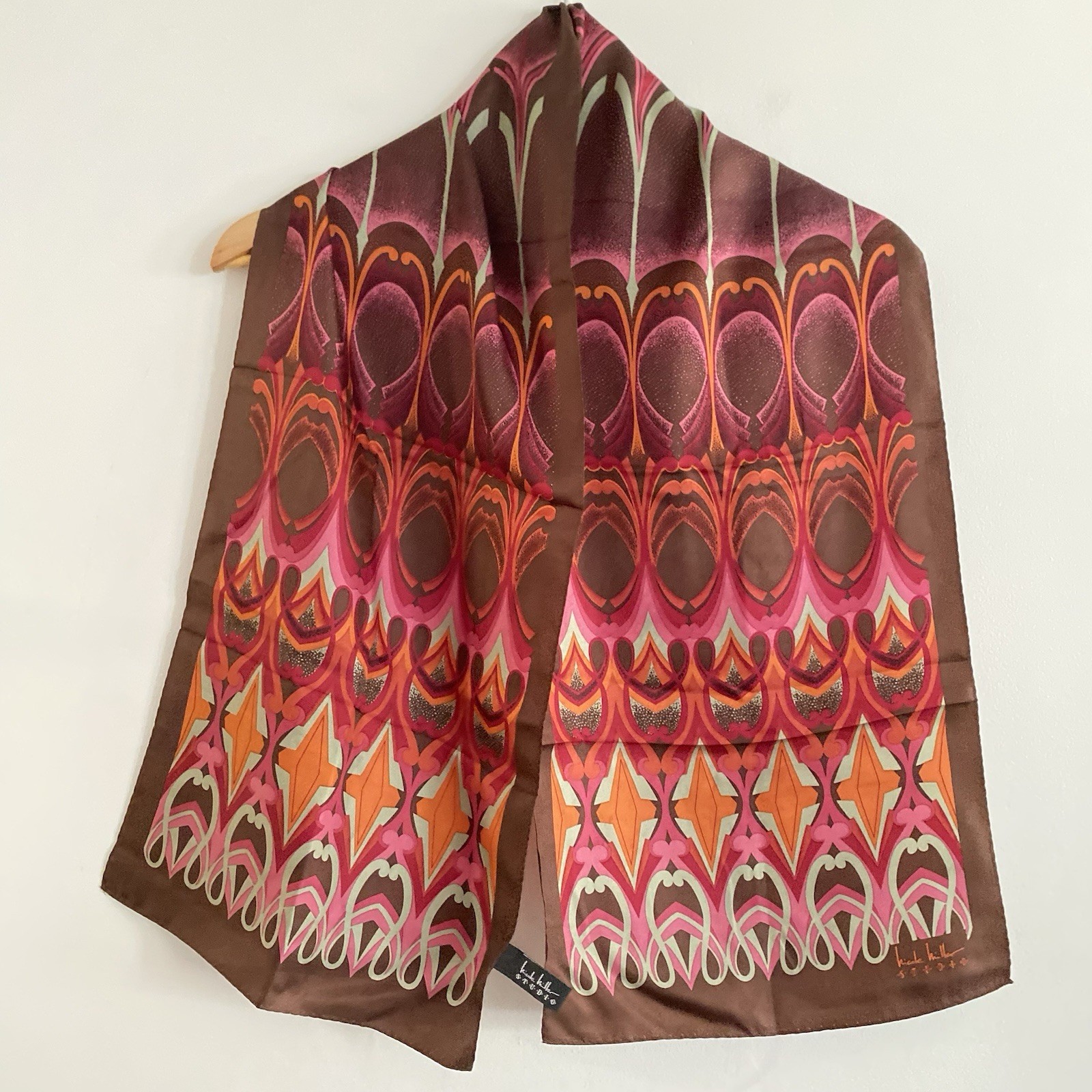 Nicole Miller Silk Scarf Pink Brown Orange Oriental Satin Feel