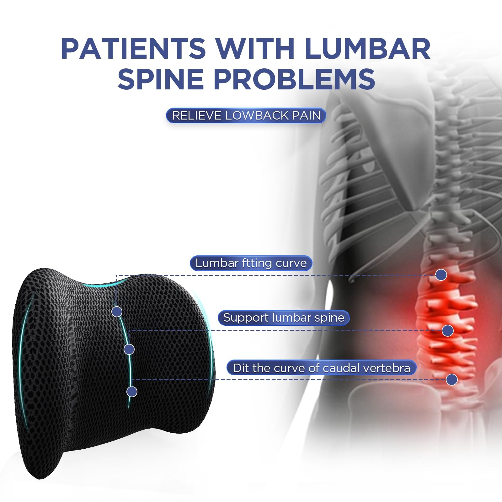 Lumbar Support Pillow for Office Chair, Car Lower Back Black