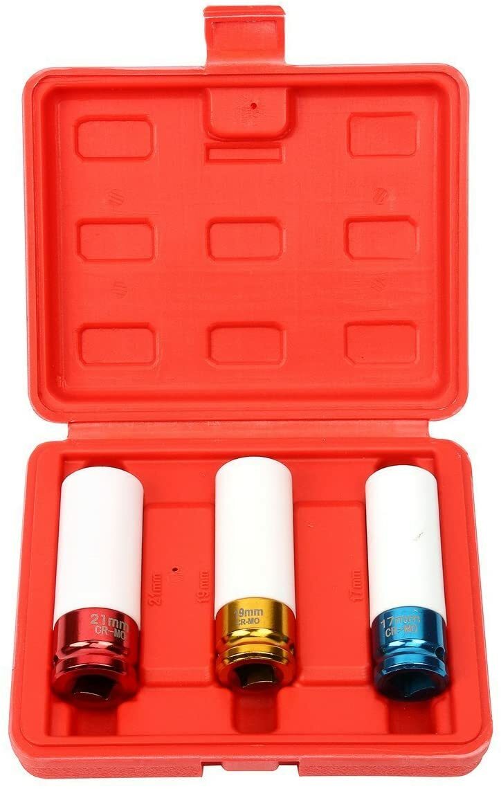 3pcs 1/2" Thin Wall Deep Impact Socket Set Plastic Sleeve Lug Nut 17mm 19mm 21mm